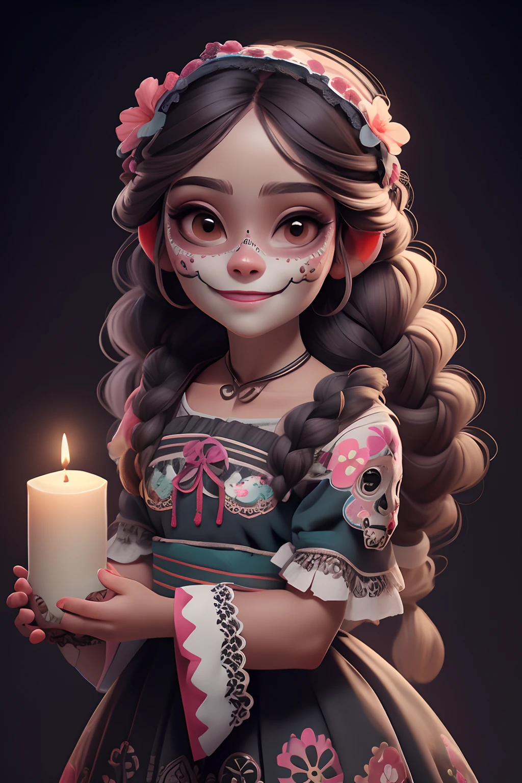 masterpiece, best quality, a girl smiling with (sugar skull makeup), braids, Mexican (indigenous dress), flowers hair band, holding an altar (candle)