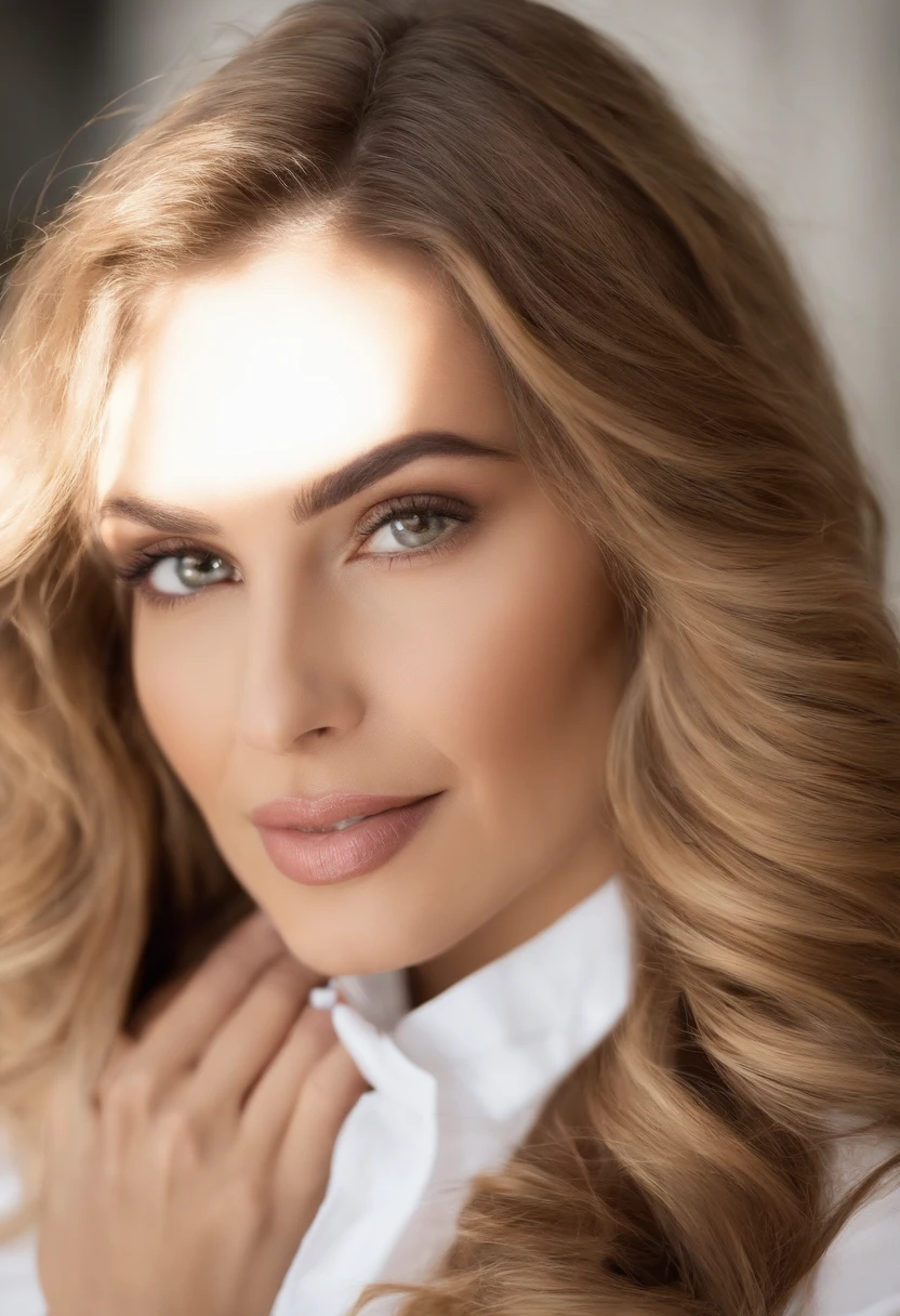 The woman in the photo displays a soft, genuine smile that lights up her face. Seus olhos, de formato amendoado, possuem um brilho particular, como se ela estivesse contente ou animada. The irises of the eyes are a dark shade. Logo acima, suas sobrancelhas, dark in color and medium thickness, They are well designed and seem to follow the natural curve of the brow bone, No signs of flaws or spacing.

Seu nariz tem um perfil reto, terminando em uma ponta levemente arredondada. The nostrils are inconspicuous and well proportioned to the size of the nose.

Her lips are a natural pinkish hue. The upper lip is more slender while the lower lip is more voluminous, Giving an aesthetic balance to your smile.
O rosto dela tem um formato ovalado, which is considered one of the most harmonic formats. It narrows smoothly from the cheekbones to the chin, which is slightly rounded. Her cheekbones are prominent, giving a sense of definition to your face. The forehead is medium-sized and well-proportioned to the rest of your face.

Observando a imagem, The woman appears to have a slender physical build. Your shoulders are well defined, but not wide, and his posture is upright, which enhances a confident appearance. She doesn't seem to be muscular, 
Her hair has a wavy texture and is quite voluminous. It is a dark brown shade, quase preto, and reflects a healthy glow. Algumas mechas soltas enquadram seu rosto, enquanto outras descem pelos seus ombros.

como a vestimenta, She wears a beige or cream blouse with small, discreet buttons that run vertically down the garment. The white blazer she wears is a plain fabric, with a classic cut. O colarinho do blazer se encontra aberto, exibindo parte da blusa por baixo. Your hands, de dedos finos e unhas bem cuidadas, parecem estar fazendo um gesto sutil, perhaps adjusting the blouse or gently touching the buttons.

The background of the image is neutral and clear, which helps to further highlight the woman and her characteristics.
