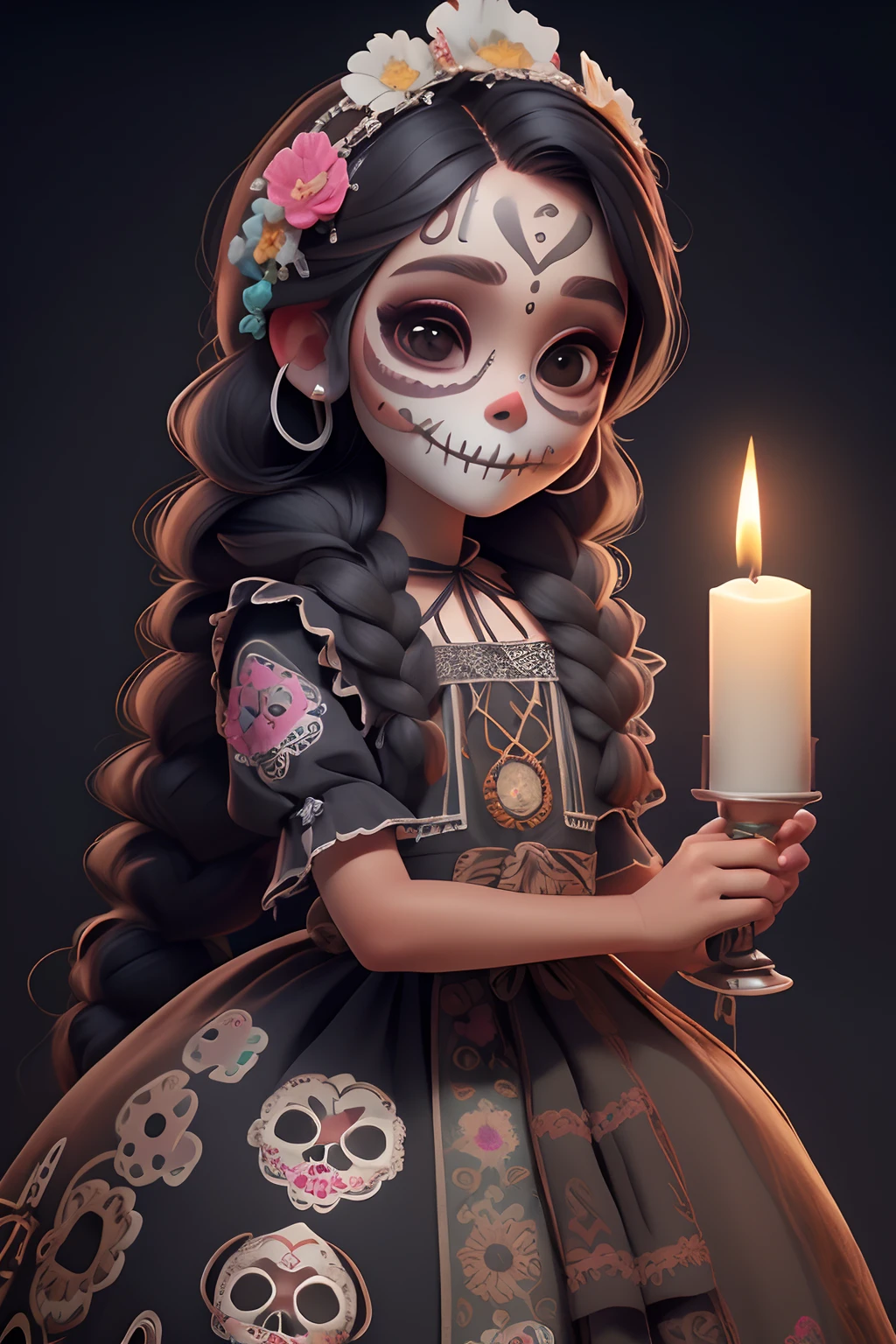 masterpiece, best quality, a girl smiling with (sugar skull makeup), braids, Mexican (indigenous dress), flowers hair band, holding an altar (candle)