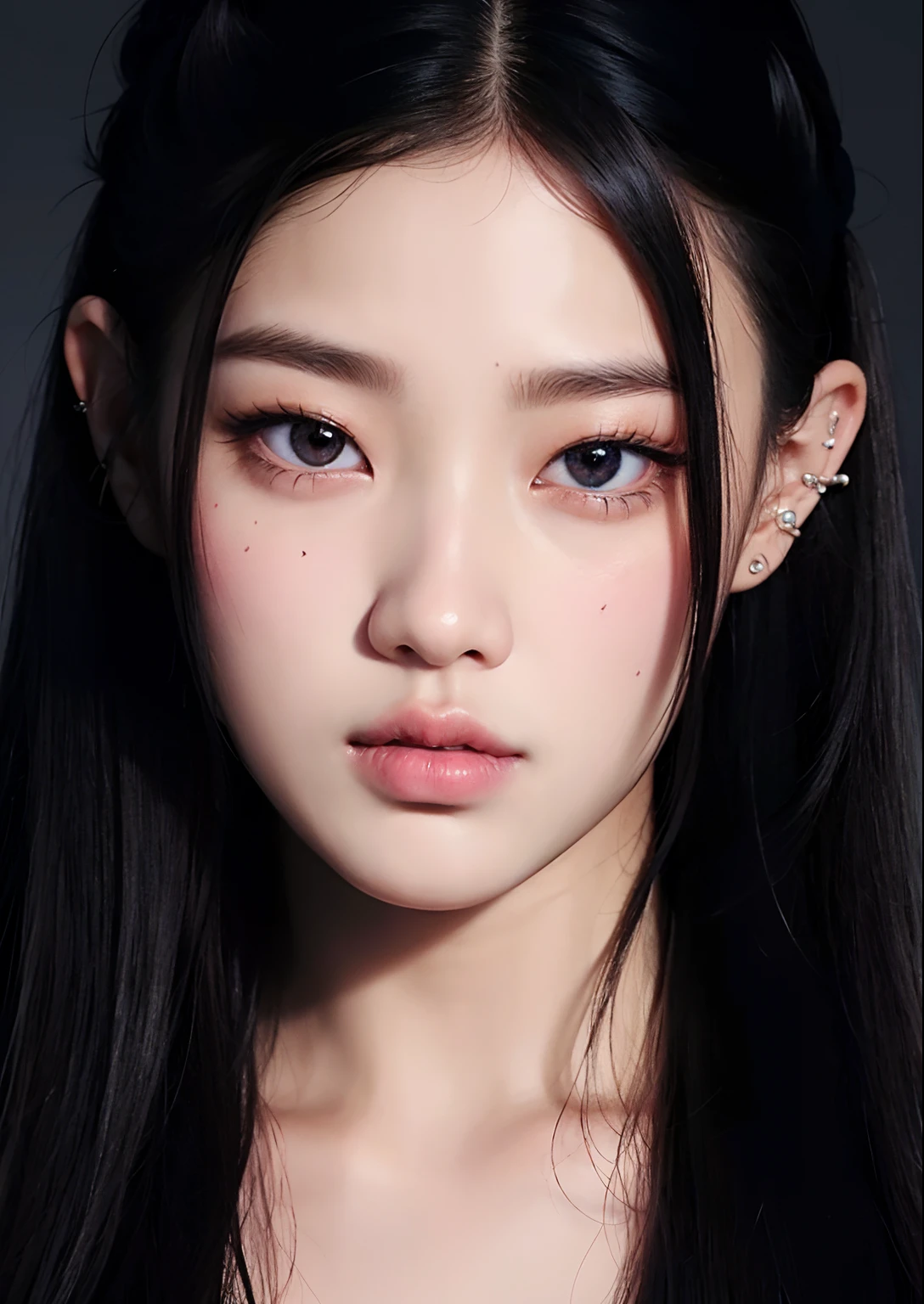 a close up of a woman with long black hair and piercings, jinyoung shin, jossi of blackpink, jaeyeon nam, portrait of jossi of blackpink, blackpink jennie, taejune kim, wan adorable korean face, kim doyoung, cute round slanted eyes, lee ji - eun, lee ji-eun, park ji-min, beautiful aesthetic face