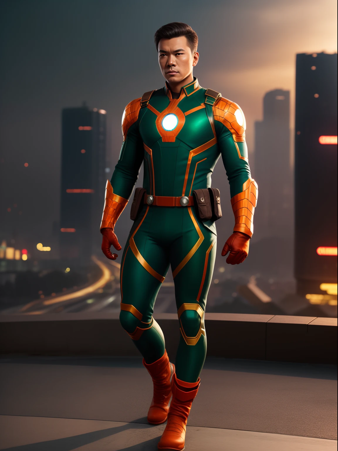 巨作, concept-art, Photorealistic, perfect head, Detailed face, Full body, Male, Marvel-style character, Brown hair, Brown eyes, green tight suit, shoulder protections, orange chest and skirt, orange gloves and boots, medallion with green gem,futuristic asian city background,8K,hdr,Sharp,Detailed,