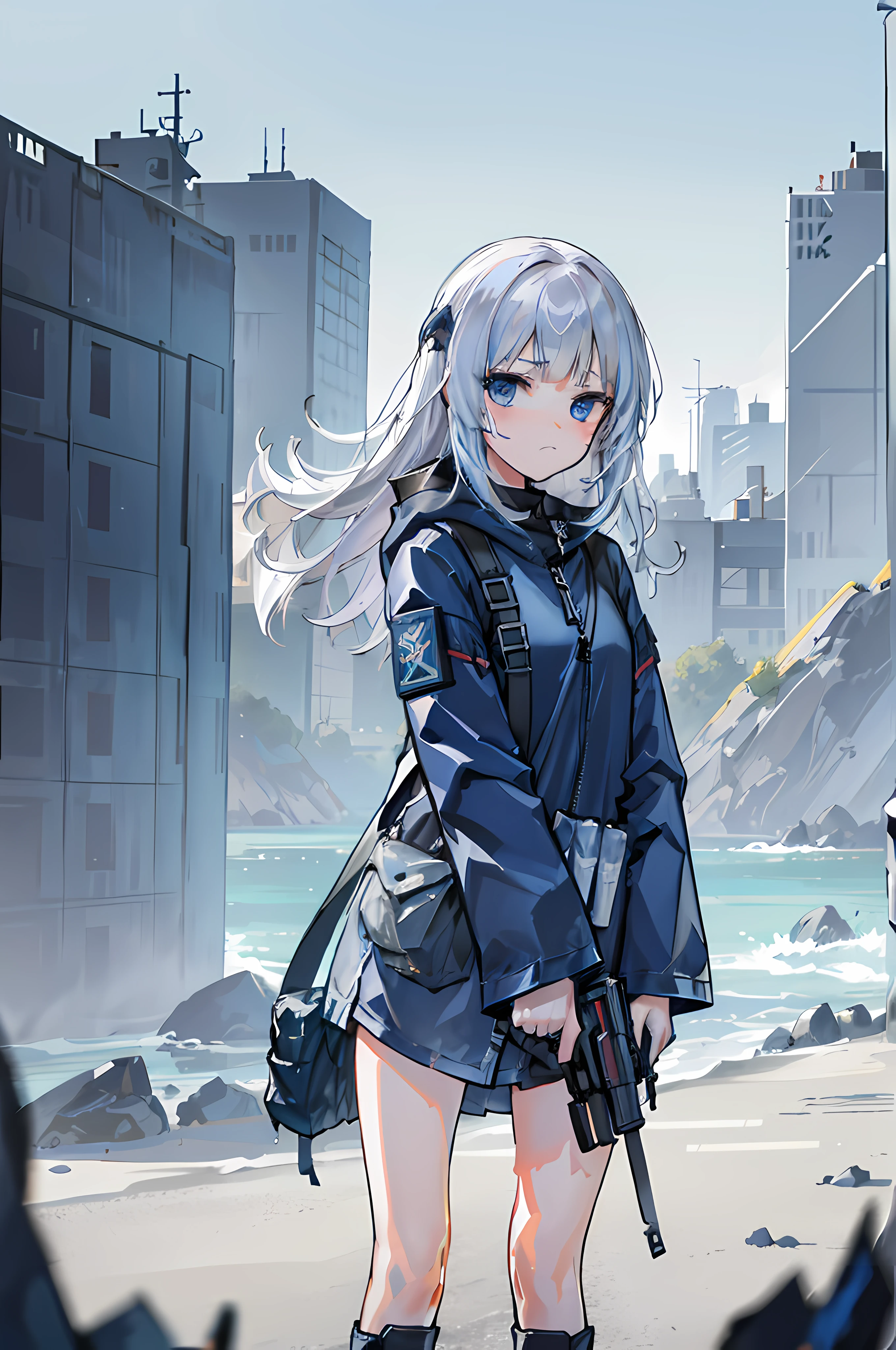 (8K Ultra High-Quality) (Masterpieces) 1 Girl, long hair, blue eyes color, wearing Tactical Jacket with a bunch of pouches, wearing Blue Jean with Pistol Holster, carrying bag, holding M14 Battle Rifle, looking at viewer sad face.