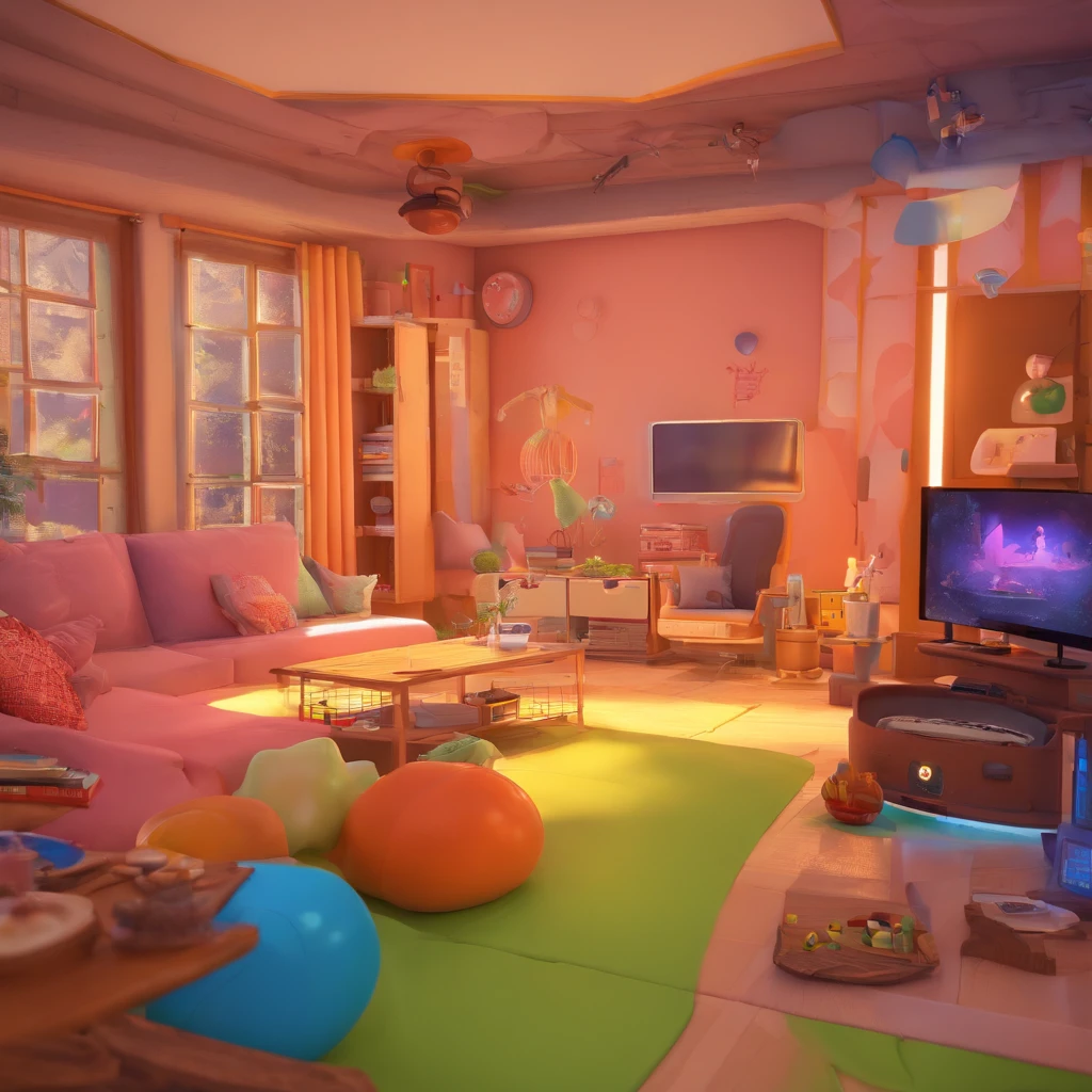 Criar uma imagem 3D estilo disney/pixar de um homem de 35 anos sem barba usando um bone virado para tras, com uma camiseta de rock e usando fones de ouvido com fundo de uma sala de jogos eletronicos e neon