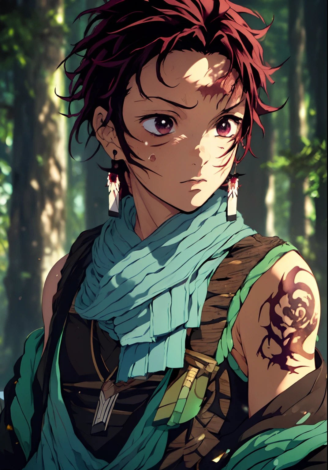 (Fantasy style), (anime), ((extremely detailed 8k illustration)), highres, (extremely detailed and beautiful), ultra detailed painting, professional illustrasion, Ultra-precise depiction, Ultra-detailed depiction, (beautiful and aesthetic:1.2), HDR, (depth of field:1.4), 1boy, kamado tanjiro, beautiful face, beautiful eyes, black eyes, red hair, many colors,  tattoo, oily skin, tank top