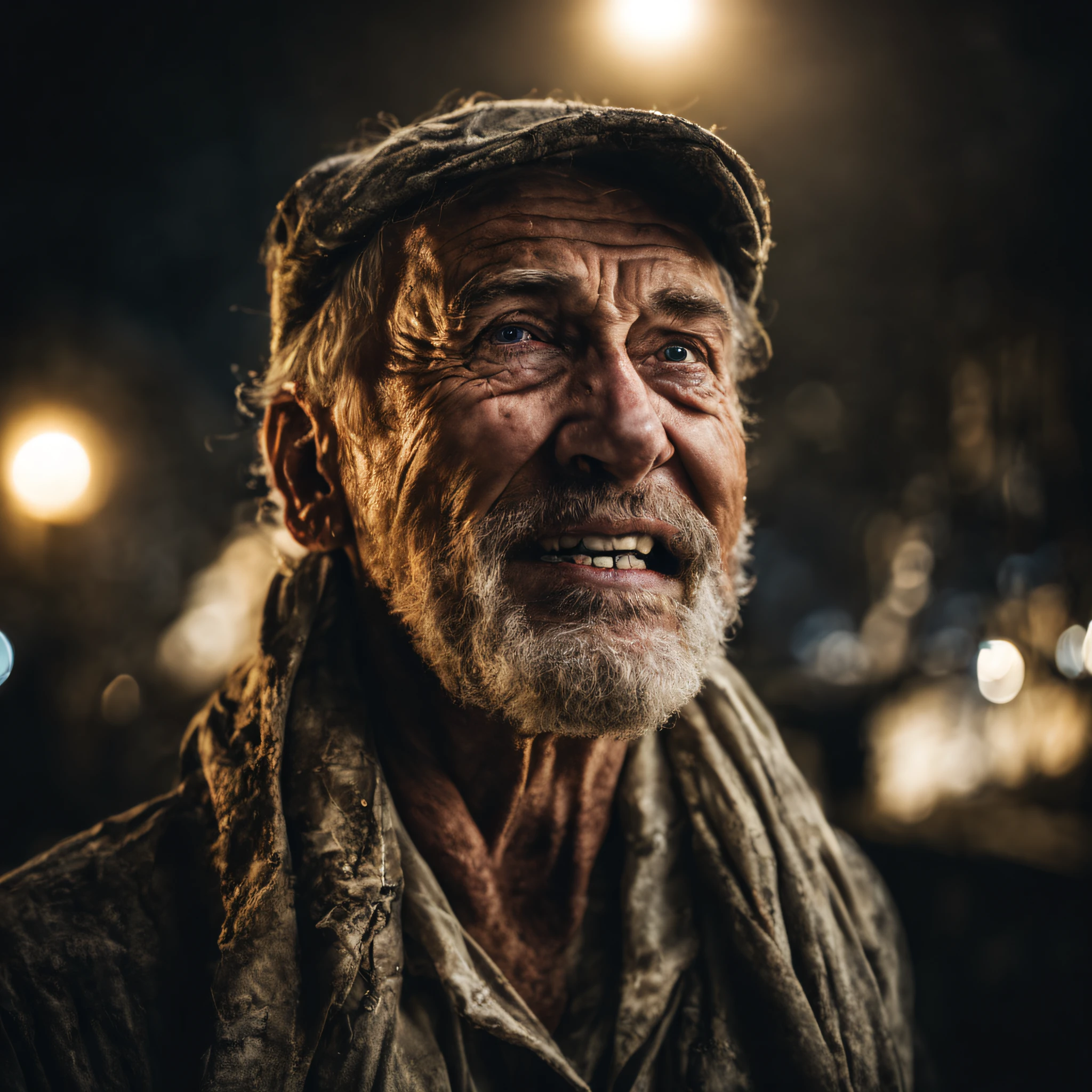 award winning upper body portrait photo of a man an old screaming sailor, wearing scarf, eyes looking upwards, (bokeh:0.7), sidelit, (wrinkled face in detail:0.7), telephoto, moonlit, torchlit, gritty atmosphere, oceanic night exterior, realistic, intricate details, true aged skin texture