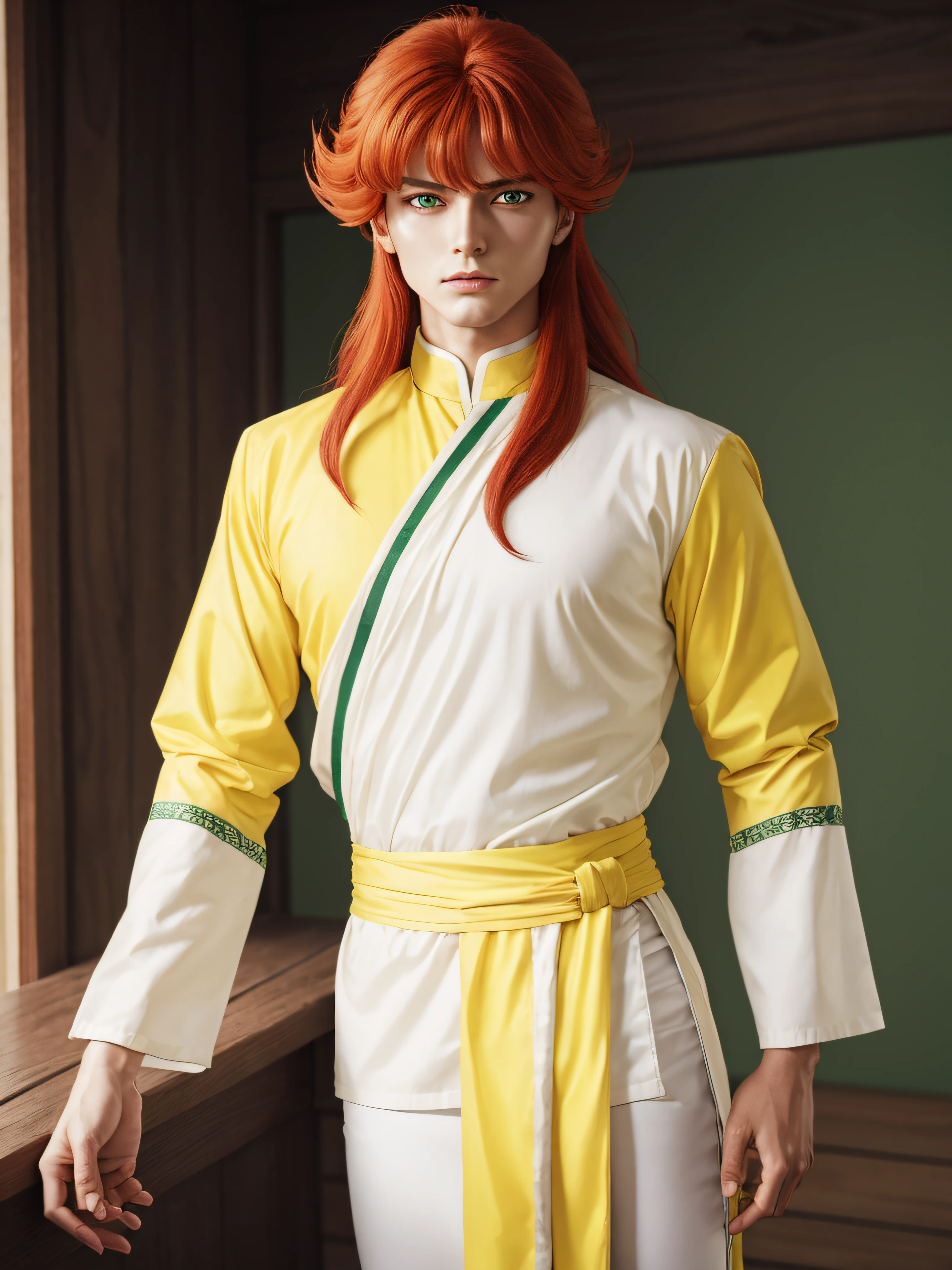 kurama, kurama, long hair, red hair, bangs, (green eyes:1.5), (retro artstyle:1.5), 1990s \(style\),
BREAK long sleeves, pants, chinese clothes, white pants, (yellow shirt:1.5), (white sleeves:1.5), (pelvic curtain:1.2), sash,
BREAK indoors, 
BREAK looking at viewer, cowboy shot,
BREAK (masterpiece:1.2), best quality, high resolution, unity 8k wallpaper, (illustration:0.8), (beautiful detailed eyes:1.6), extremely detailed face, perfect lighting, extremely detailed CG, (perfect hands, perfect anatomy),