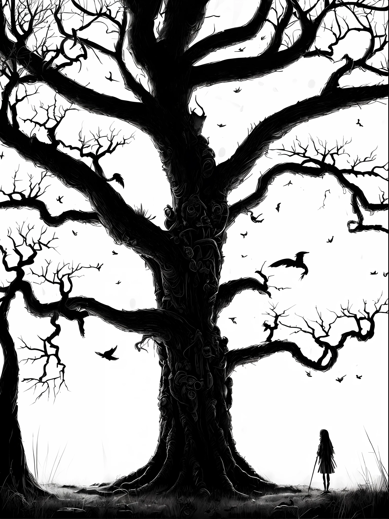 ((Best quality, 8K, Masterpiece: 1.4)),((Amazing detail: 1.3)),((illustration: 1.2)),((high resolution: 1.1)),A tree made up of skeletons,Black and white painting,Black and white illustration,Dark sky,Dark style,Dark fantasy,Horror,Detailed cover artwork,Snow,Delicate,