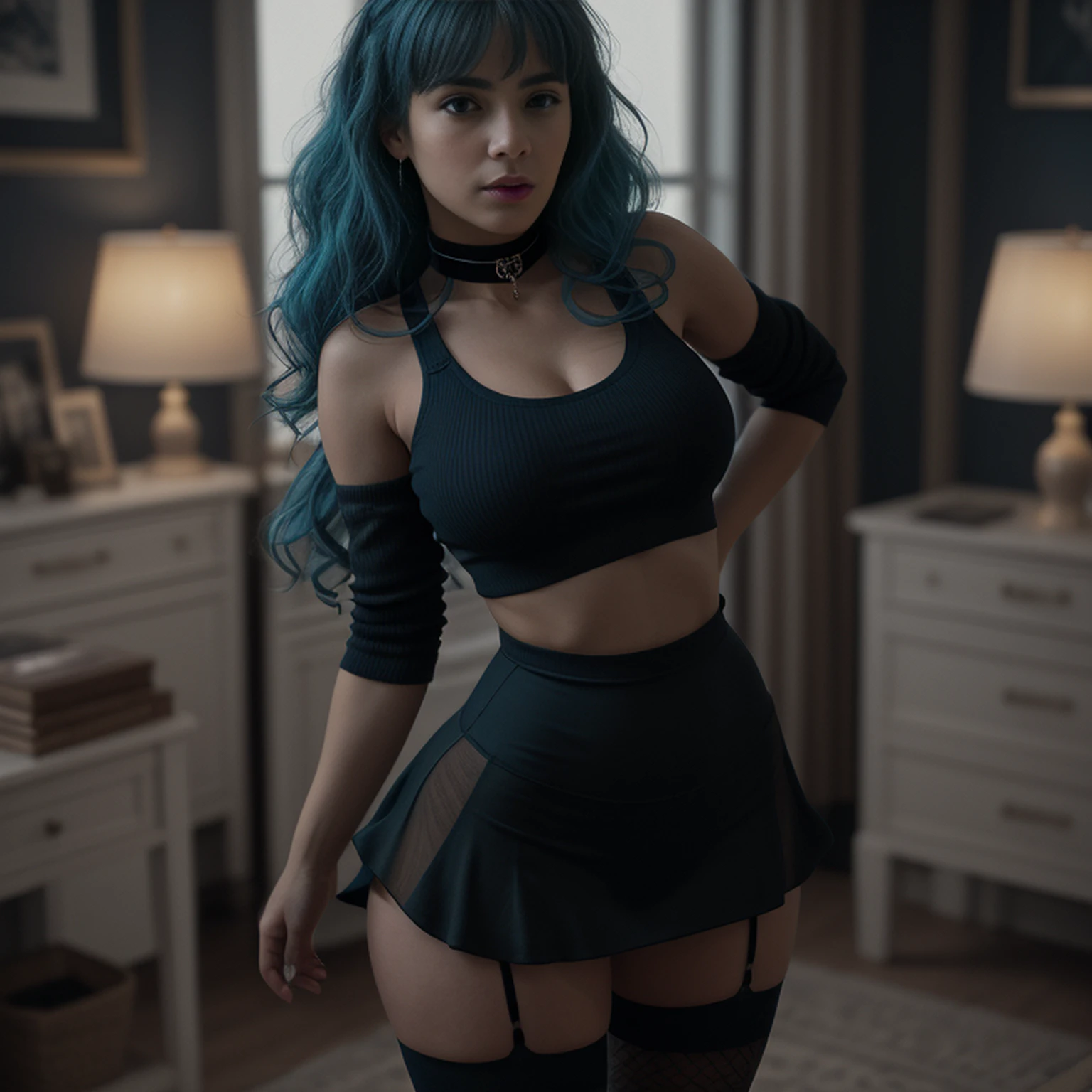 of the highest quality, Masterpiece, super high resolution, (photorealistic: 1.4), photo and gross, (blue haired syrian woman), Curly hair, hourglass figure, Wide hips, 1 girl, off the shoulder, garter belt, in the room, deep shadows, low key, cold light, center background, wide, Horse tail, black clothes, half naked clothes, Transparent clothing, spread legs.