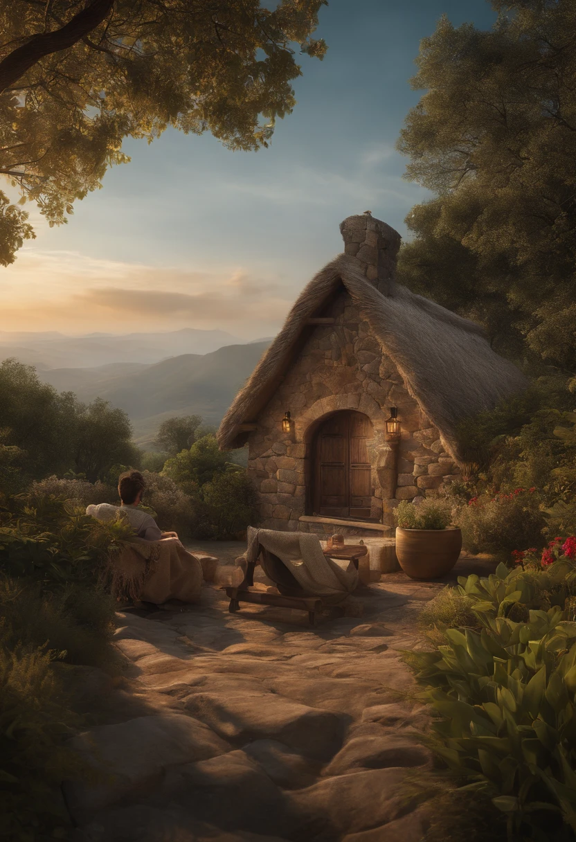 (melhor qualidade,4k,Full HD,alto:1.2), ultra-detalhado, (Realistic,fotorrealista,photo-realistic:1.37), dois homens sendo um novo e um velho em frente de uma casa nas montanhas, o homem velho da um presente pro homem novo que aparenta ser muito rico