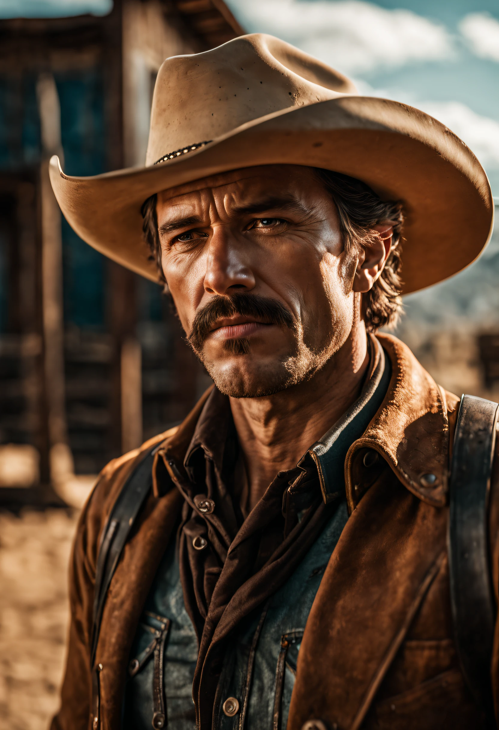 Raw close-up of a cowboy's face, stoic expression revealing a life of hardship and triumph, detailed skin textures telling the story of relentless exposure to the elements, tobacco-stained mustache, 50mm f/1.8 lens emphasizing the rugged character, 4K resolution.