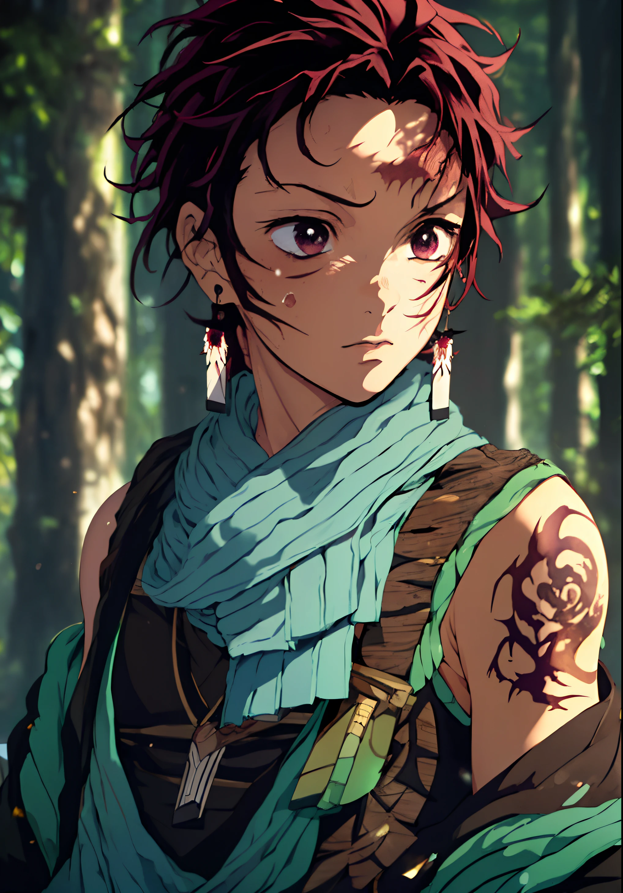 (Fantasy style), (anime), ((extremely detailed 8k illustration)), highres, (extremely detailed and beautiful), ultra detailed painting, professional illustrasion, Ultra-precise depiction, Ultra-detailed depiction, (beautiful and aesthetic:1.2), HDR, (depth of field:1.4), 1boy, kamado tanjiro, beautiful face, beautiful eyes, black eyes, red hair, many colors, tattoo, oily skin, tank top