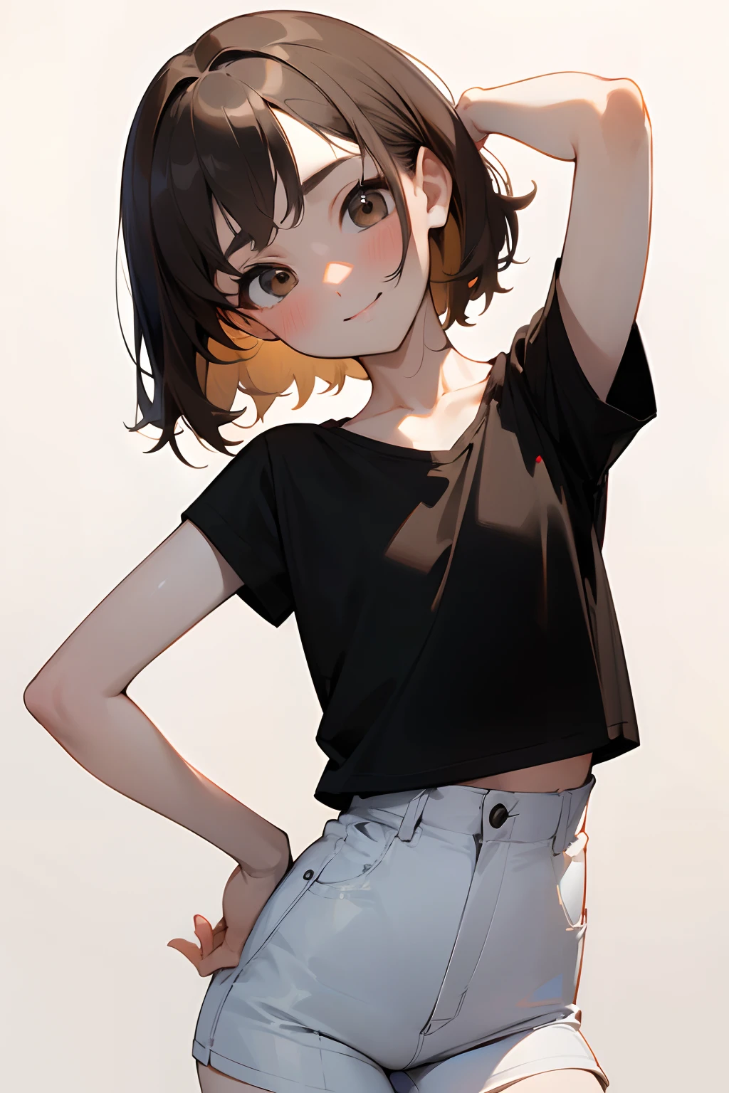 ((Masterpiece)), (Professional Photography:1.2), (High Definition:1.3), portrait shot, best quality, 8K, from front, (simply black T-shirt), cute age girl, super cute face, pale brown medium hair, (flat chest), pale skin, blush, smile, standing on white background, place hands on hips, short pant