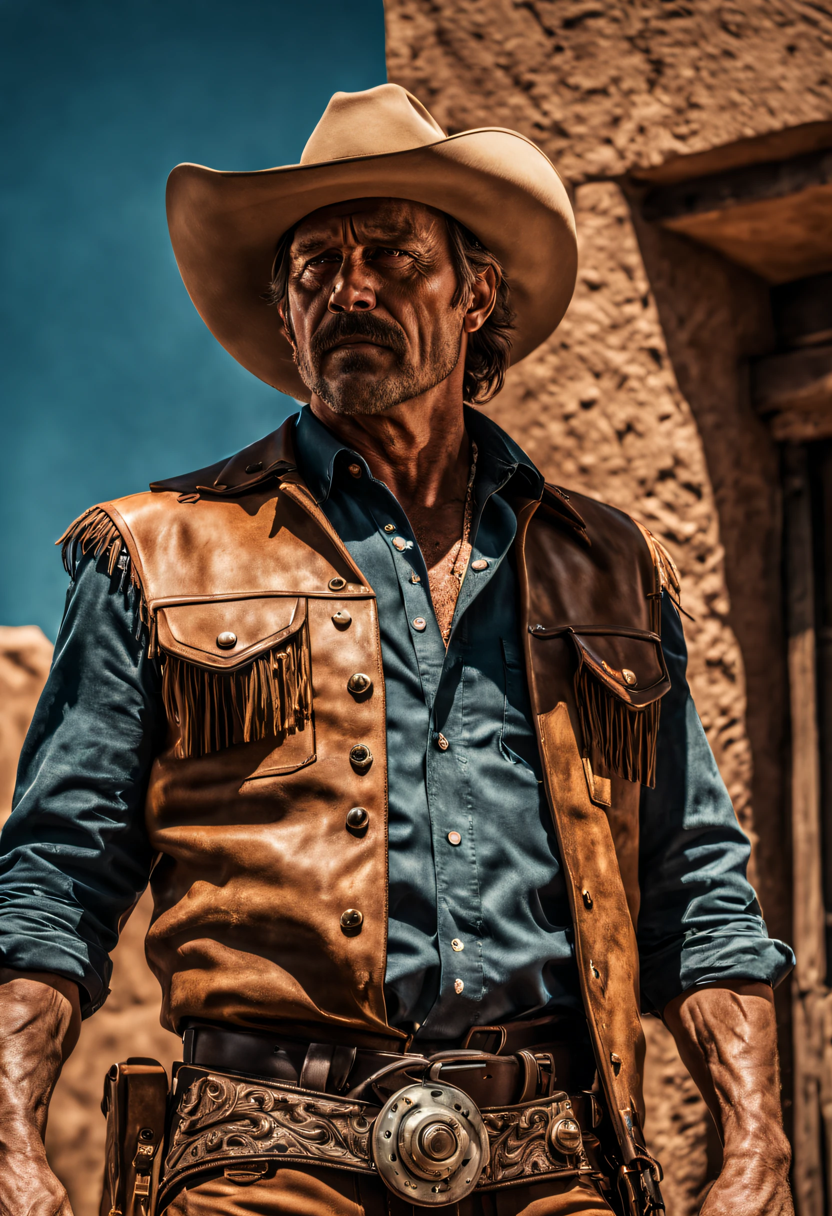 Official movie photography, 8k Unity wallpaper, ultra detailed, aesthetic, masterpiece, best quality, photorealistic, close-up of 1 man, cowboy photo, dynamic angle, elegant and brutalist design, vivid and atmospheric colors. Western foo, 35mm photography.