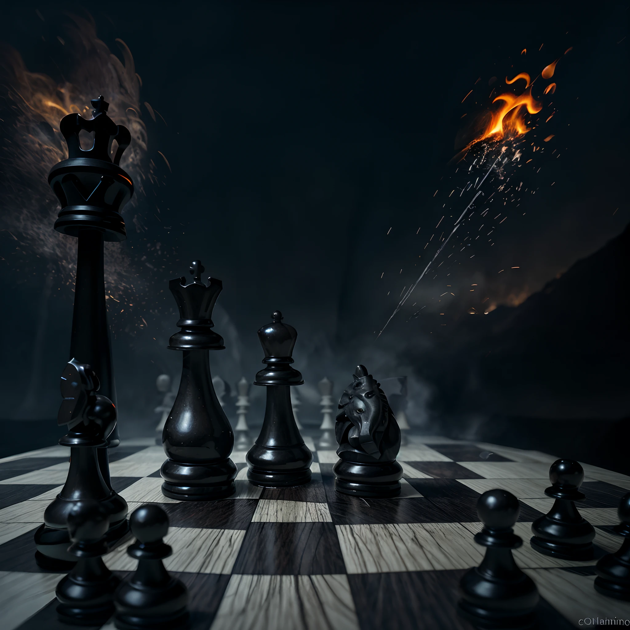 Chess , particles, dark , fantasy , in the center, fire, ice