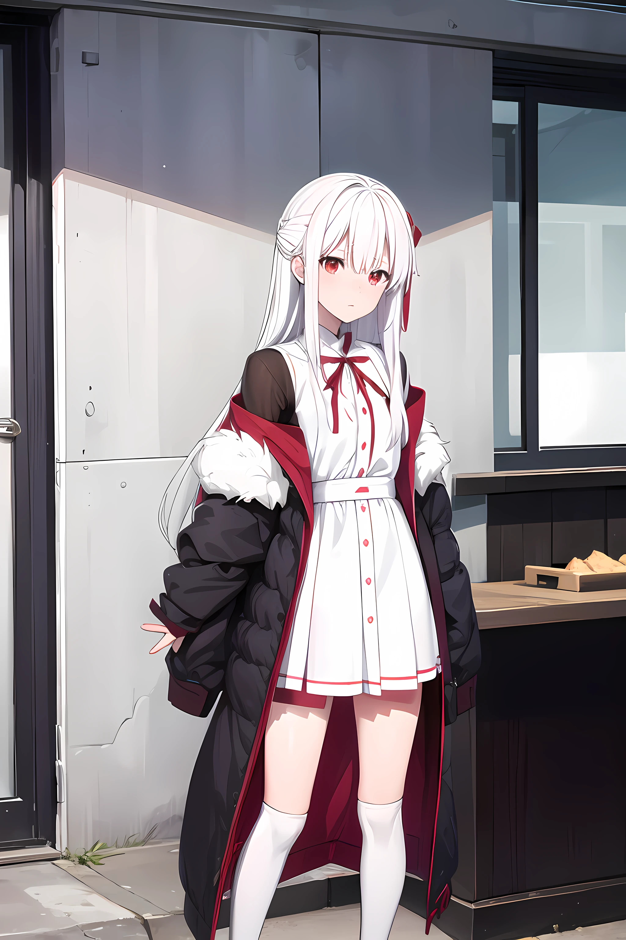 A wampire girl with white hair and red eyes, she is standing in a white kimino.