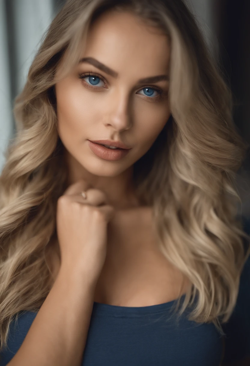 A woman in a matching T-shirt and panties, Sexy girl with blue eyes, portrait sophie mudd, Portrait of de Corinnne Kopf, blonde hair and large eyes, selfie of a young woman, Макияж Without, natural makeup, Look directly into the camera, face with artgram, dezentes Make-up, Excellent full-length photography, in a room, big breastes, blonde, Latina, breasts exposed, Shirtless shirt, Tits Out, Chest Out,