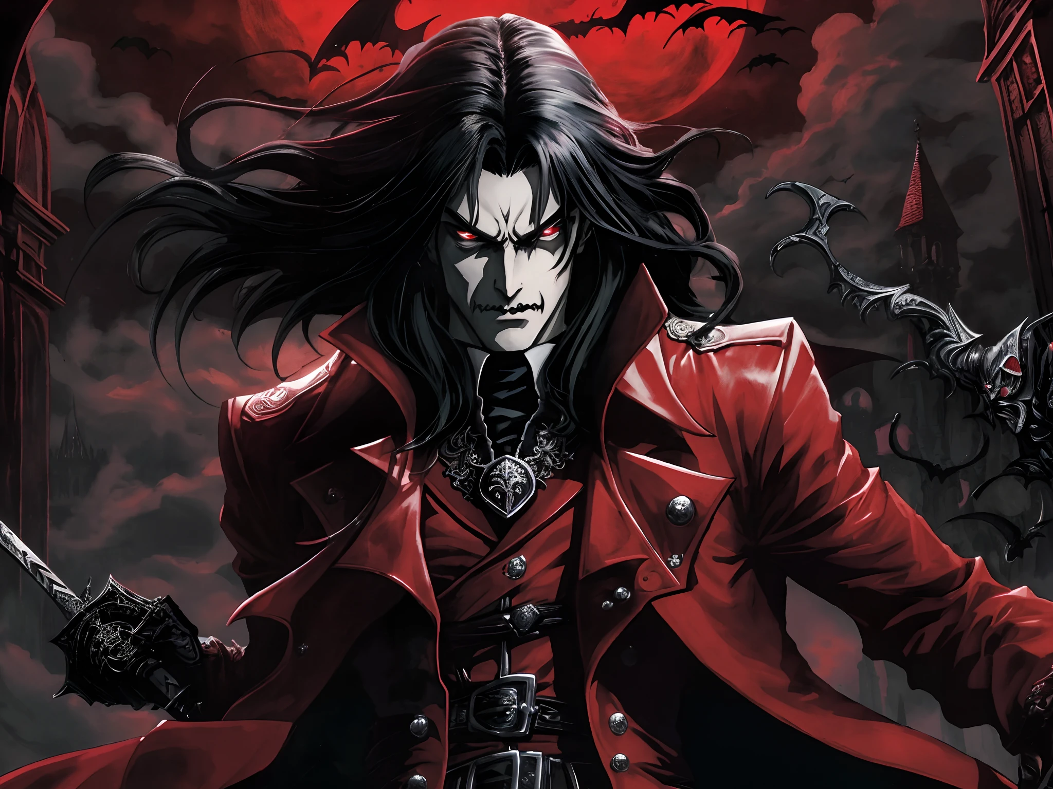 a close up of a person in a red cape holding a cigarette, l vampire, male vampire, alucard, androgynous vampire, tsurumaki kazuya, anime vampires, male vampire of clan banu haqim, handsome male vampire, inspired by Yamagata Hiro, shigenori soejima illustration, vampire, anime style, anime version, piercing mount, pale skin, extreme long hair, long Black hair