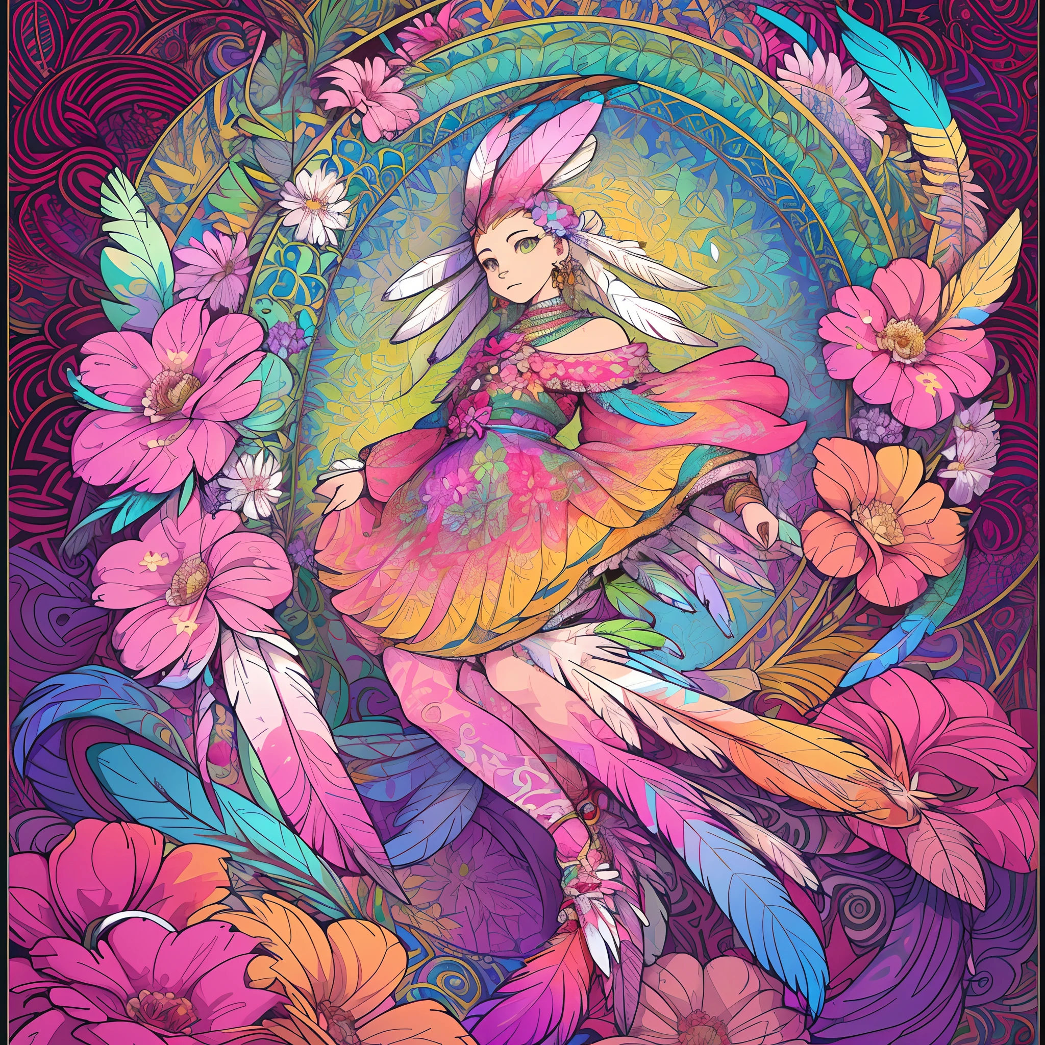 (masterpiece, top quality, best quality, official art, beautiful and aesthetic:1.2), (1girl:1.3), extremely detailed,(fractal art:1.1),(colorful:1.1)(flowers:1.3),highest detailed,(zentangle:1.2), full body, (abstract background:1.3), (shiny skin), (many colors:1.4), ,(earrings), (feathers:1.5),