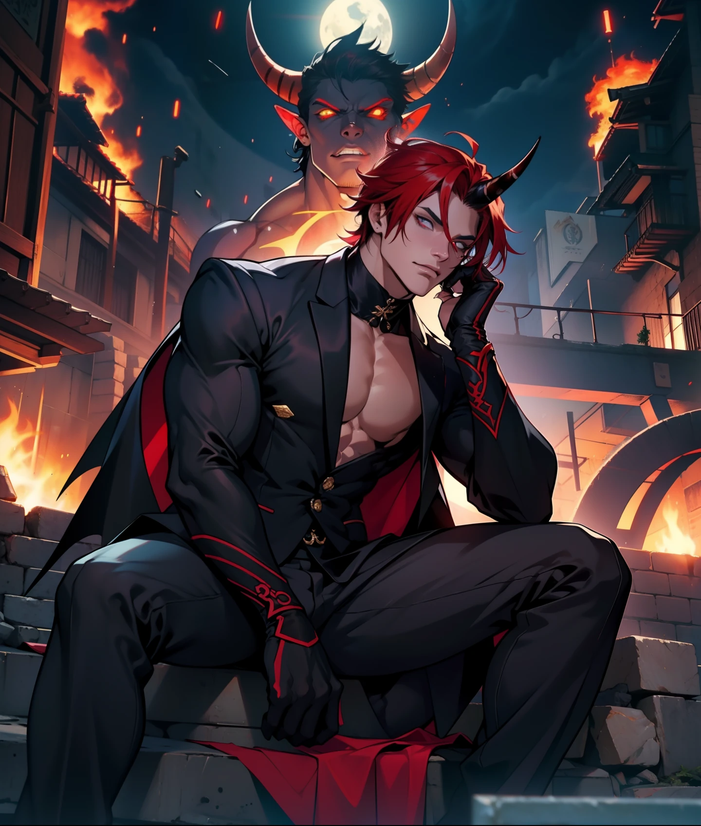 Handsome male, purple hair, short hair, detailed body, detailed hands, horns, expressionless, arrogant expression, red eyes, roman nose, almond eyes, red tuxedo, black shirt, black tie, cocky, nightfall, handsome, bushy brows, pointy ears, ear piercings, rings, good looking, tattoos, dark skin, brown skin, charming, good quality, huge bulge in pants, manly, sitting on throne