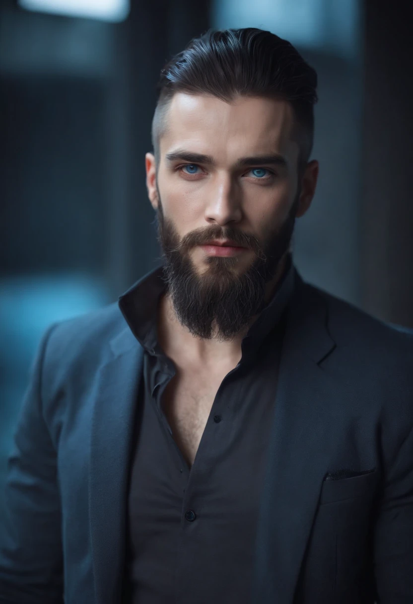 (Cyberpunk man in stylish clothes), (with a long, full beard,) (blue eyes) (portrait) Handsome and serious appearance, dark blue hair, Stylish and elegant, and strong body t-shirt, (Realistic and high quality), ((Best quality, 8k, master piece).