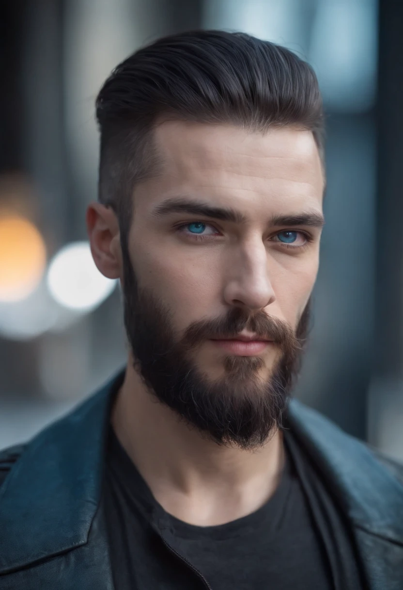 (Cyberpunk man in stylish clothes), (with a long, full beard,) (blue eyes) (portrait) Handsome and serious appearance, dark blue hair, Stylish and elegant, and strong body t-shirt, (Realistic and high quality), ((Best quality, 8k, master piece).