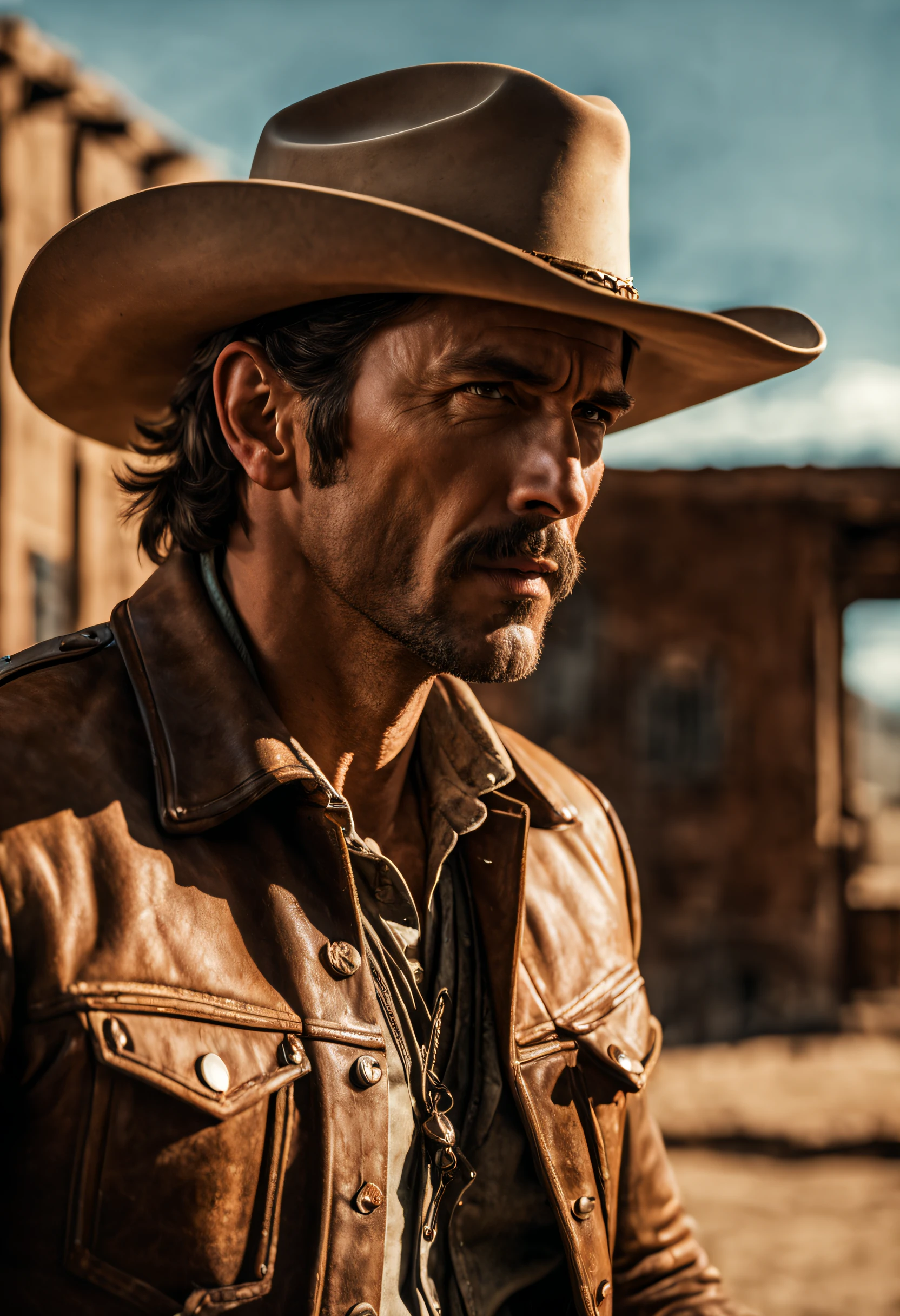 Official movie photography, 8k Unity wallpaper, ultra detailed, aesthetic, masterpiece, best quality, photorealistic, close-up of 1 man, cowboy photo, dynamic angle, elegant and brutalist design, vivid and atmospheric colors. Western foo, 35mm photography.