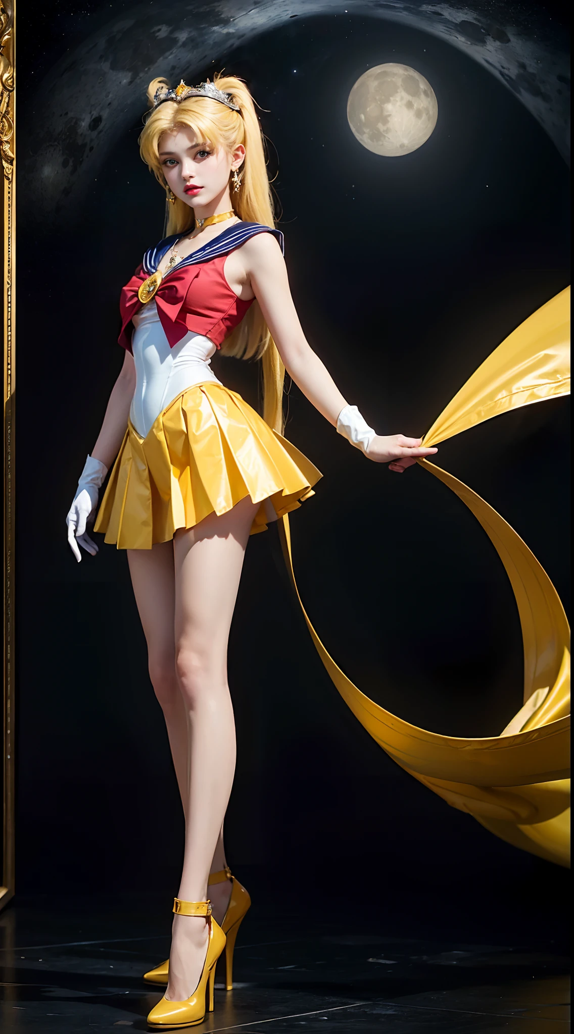 ((masterpiece:1.4)、(top-quality:1.4)、(reallistic:1.7))、masuter piece:1.4、a beauty girl、(Sailor Moon:1.4)、Tsukino Usagi、Body Fit Sexy Sailor Senshi Uniform、(latex shiny)、(The jacket is a white sleeveless sailor suit)、(Skirt Blue Sexy Ultra Ultra Pleated Mini Skirt)、The collar of the sailor suit is blue with two thin lines.、high leg swimsuit、Red cloth ornament at chest、(Wearing white gloves)、Kawaii Girl、Super beauty、foco nítido、Portrait photos、Upper body photography:1.4、beautiful countenance、beautidful eyes、Narrow waist、beauty legs、(yellow hair:1.4)、(length hair:1.2)、Beautiful udder、large full breasts:1.2、Sexy ass、Raw photo、red-lips、Red high heels:1.4、a choker:1.4、a necklace:1.4、耳Nipple Ring:1.4、Luxurious Golden Tiara:1.4、1 screen display、a moon、kosmos、spaceships、A space station、City of the Future