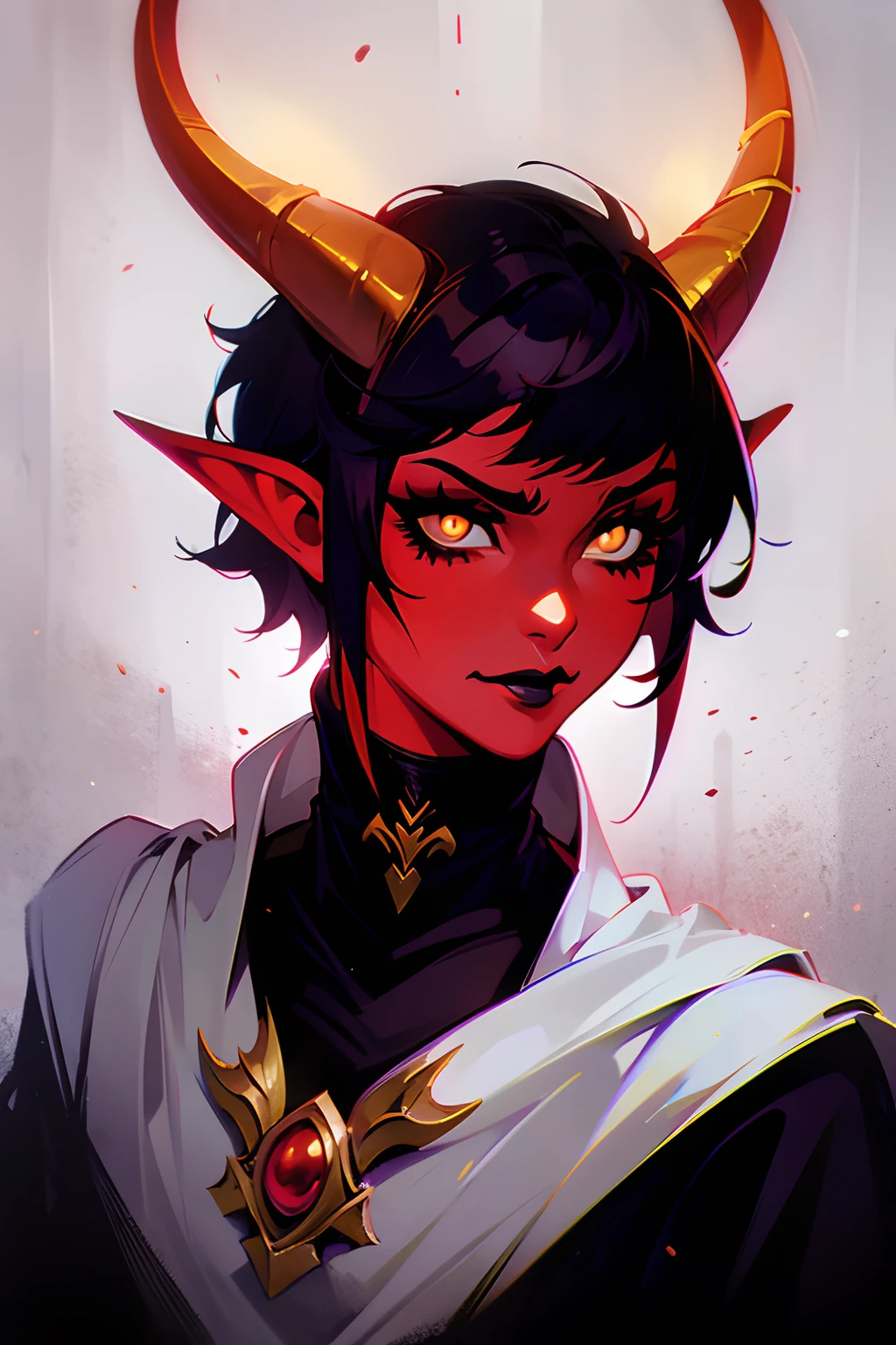 Red skin tiefling girl with horns, tight white priestess outfit, dnd style portraiе, pixie-cut black hair, dark make-up, black lipstick, dark face tatoo, warlock celestial, yellow eyes