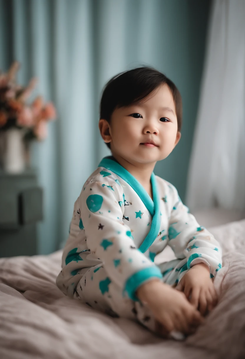 Close-up of a Chinese  in pajamas，There is a ball in the air, cute design, Fashionab, white and teal garment, Adorable, Sleeping, Sleepy, zun, soft - warm, pyjamas, p. j. n, Patterned, 🤬 🤮 💕 🎀, Dreamy, So cute, 3 am, 3am, Super cute, Handsome，There is "1.The astronaut、2. themoon、3. Big star、4.tiny stars、5. themoon、6. 、7.Eject crossing、8. Chinese rockets、9. space craft、10. Chinese satellite".，A smalls a pajamas