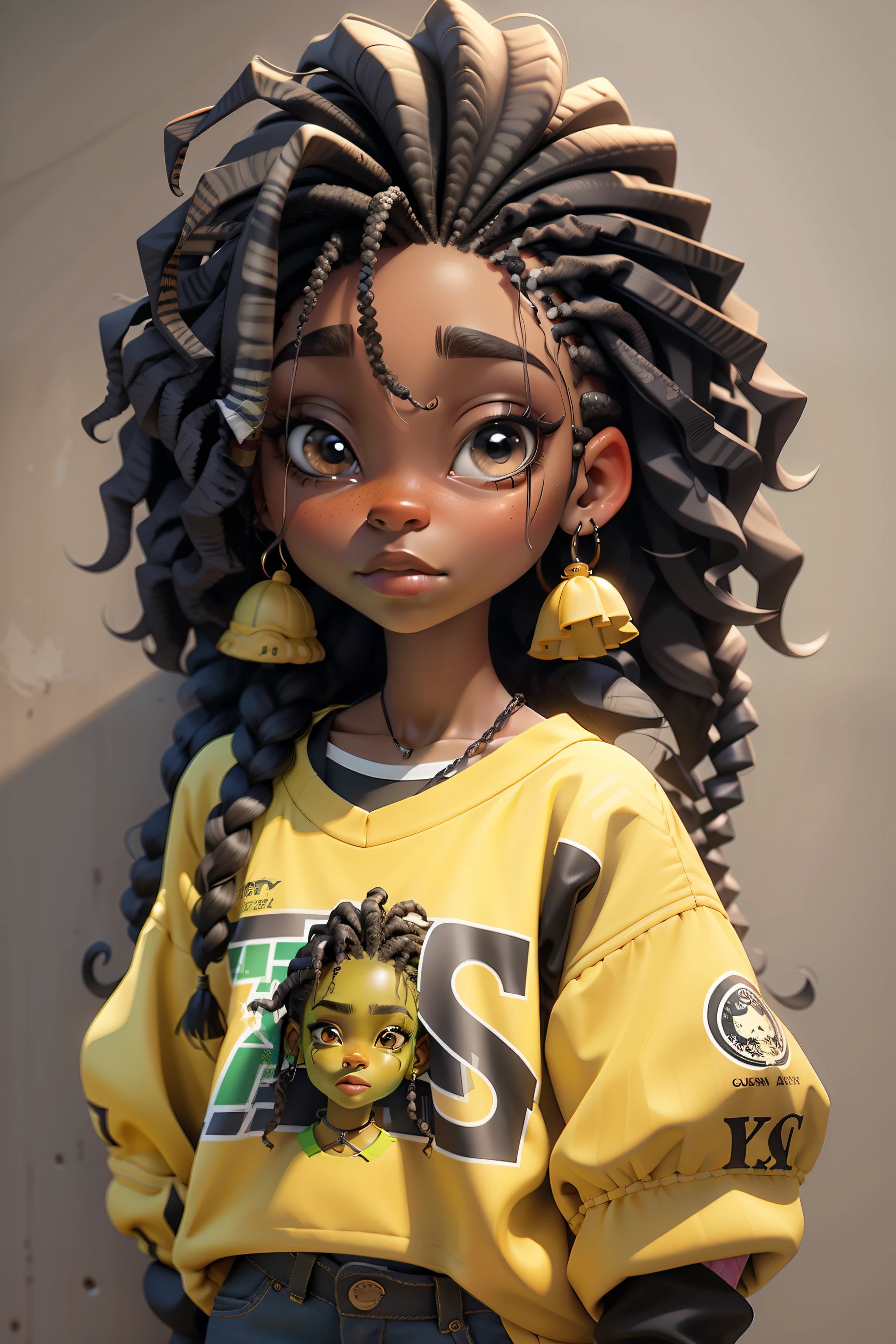 obra-prima, melhor qualidade, trabalho de rending 3d, estilo, close-up, retrato, 3D, 1girl, solo, garota, Lena head, cabelo dreads , cabelo preto, skate, sardas, joias, cabelo de dois tons cacheado estilo rasta, olhando para o lado, summer style clothing, beboy  arte de rua, realista, todo o corpo, fundo simples, franja, olhando para longe, cabelo curto, separated-lips, olhos pretos, , gotic, gargantilha, maquiagem, mole, camisa preta, watermark