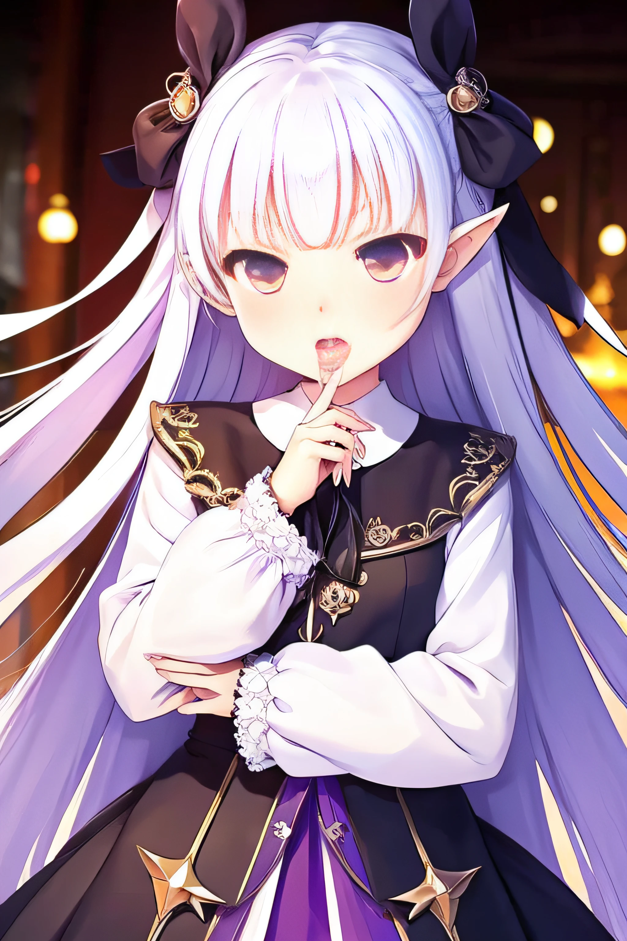 (masterpiece:1.2), best quality,midjourney, 1girl, solo, long hair, white hair, looking at viewer, long sleeves, black dress, dress, own hands together, ahoge, very long hair, shirt, bangs, red hair, hair ornament, heterochromia, multicolored hair, pointy ears, purple eyes, white background, white shirt, closed mouth