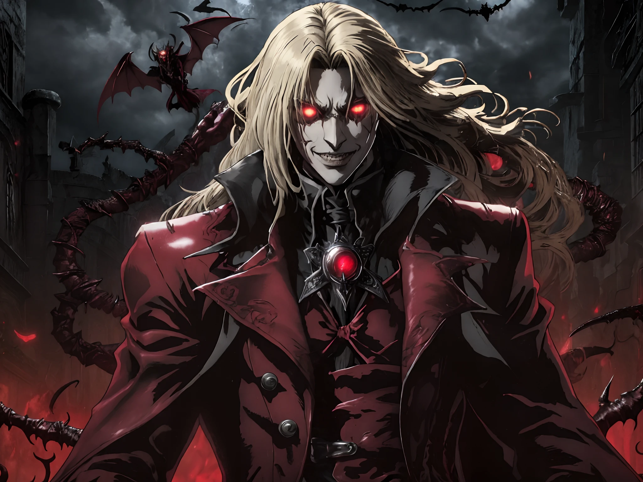 um close up de uma pessoa em um casaco vermelho com uma espada, Alucard, Castlevania, vampiros de anime, Castelvânia, Castlevania Inspirado, Senhor vampiro, Johan Liebert misturado com Alucard, Elric de Melnibone, filho de sparda, Castlevania Sotn, O vampiro, code vein, Tiroteio, vampiro macho, engrenagem culpada