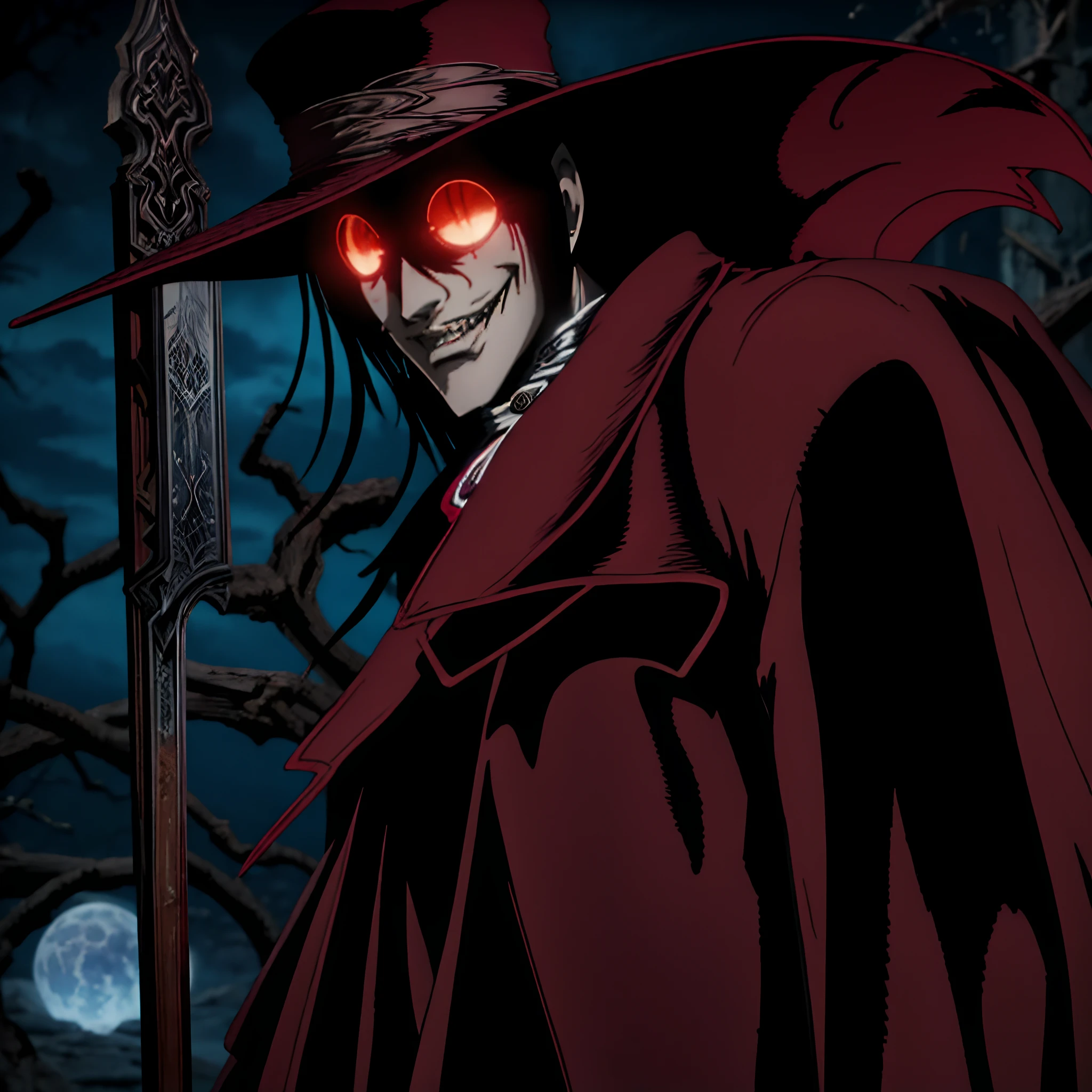 um close up de uma pessoa segurando uma faca na frente de uma lua vermelha, Alucard, Castlevania, vampiros de anime, Castlevania Inspirado, Senhor vampiro, Castelvânia, O vampiro, vampire hunter d, Mórbio, vampiro masculino bonito, carmesim profundo e sombras escuras, vampiro macho, O diabo pode chorar, Tiroteio, count dracula