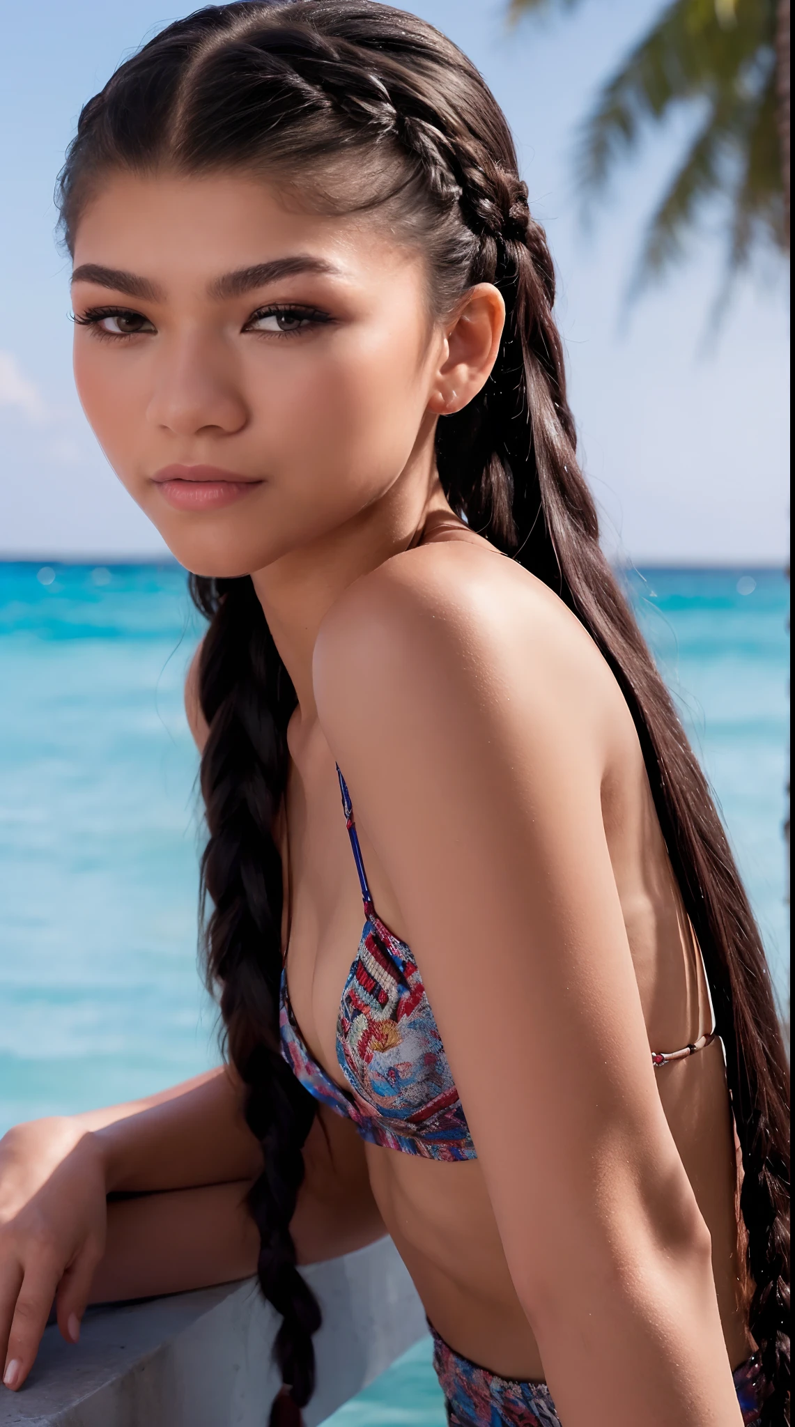 (masterpiece), high-definition women, European and American face, perfect face, black hair, Long Braid hairstyle, blue eyes, very charming, zendaya.