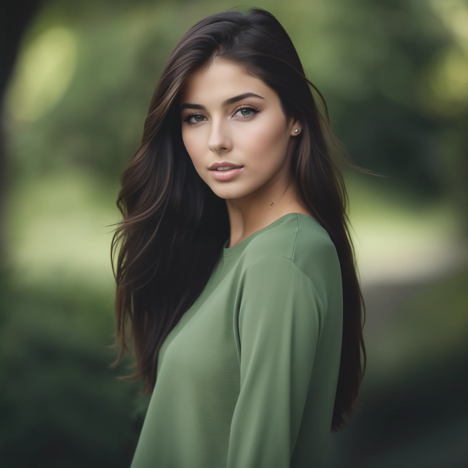 Young girl with long brown hair and green shirt looking at camera, foto retrato suave 8k, fotografia retrato 4K, Retrato de um modelo bonito, foto retrato bonito, modelo feminino bonito, infp mulher jovem, Cute girl portrait, mulher jovem bonita, rosto detalhado, Attractive girl, rosto jovem atraente, Lorena Rae 8k