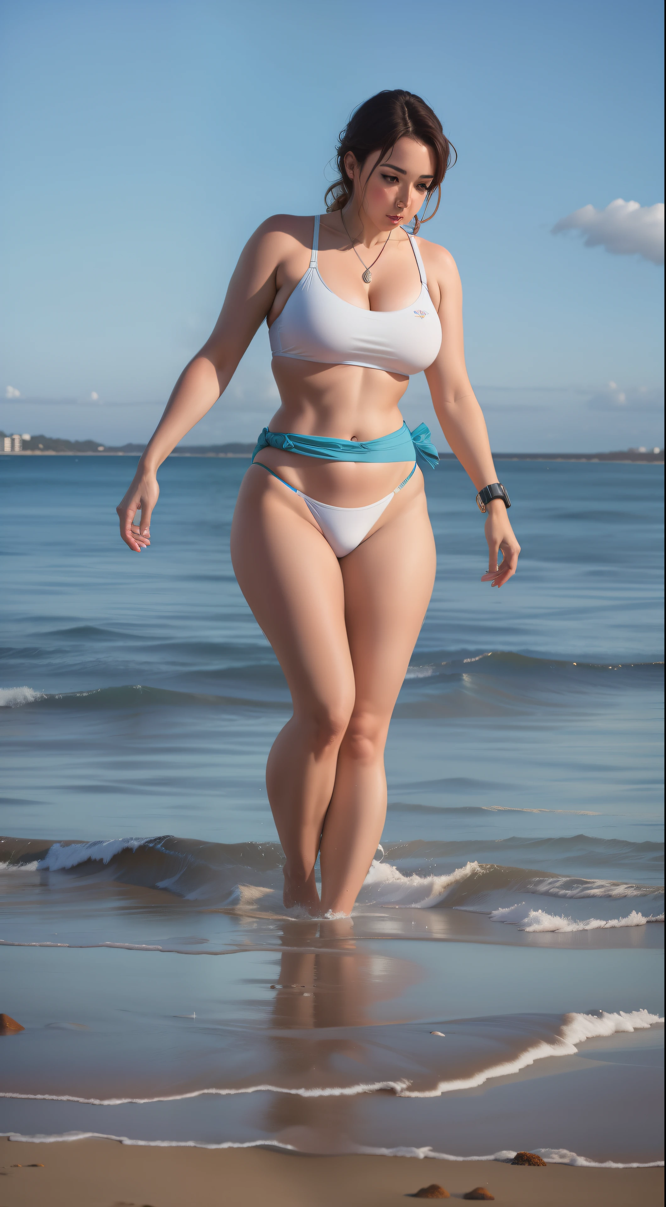 Hay una mujer en bikini caminando por la playa, hermosa hembra gruesa, wider hips, caderas anchas, cuerpo grueso, en el mar, en la playa, Figura curva de reloj de arena, Thicc, De pie en la playa, con un bikini blanco, better known as amouranth, Amouranth, fit curvy physique, De pie cerca de la playa, en la playa