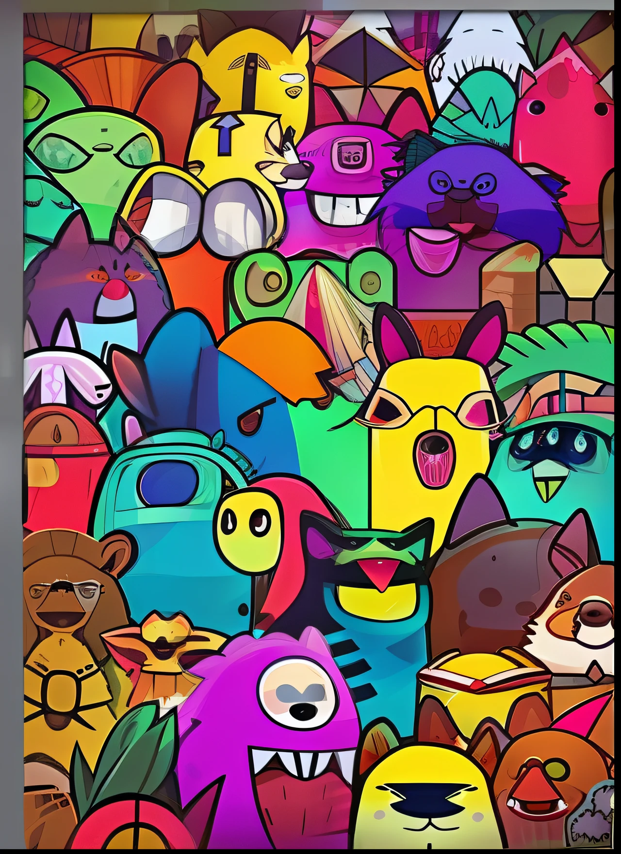 Um grupo de cachorros e gatos dos desenhos animados com cores e tamanhos diferentes, arte digital. quadrinhos coloridos, hand painted cartoon art style, arte colorida do doodle, por Android Jones, arte vibrante dos desenhos animados, full-colour illustration, Pintura por Android Jones, colorido com muita cor, cachorros e Gatos bonitos, rostos coloridos dos personagens, estilo quadrinhos coloridos, vivid colorful comics style, Monstros em segundo plano, obras de arte muito coerentes, 8k, Wearing sunglasses