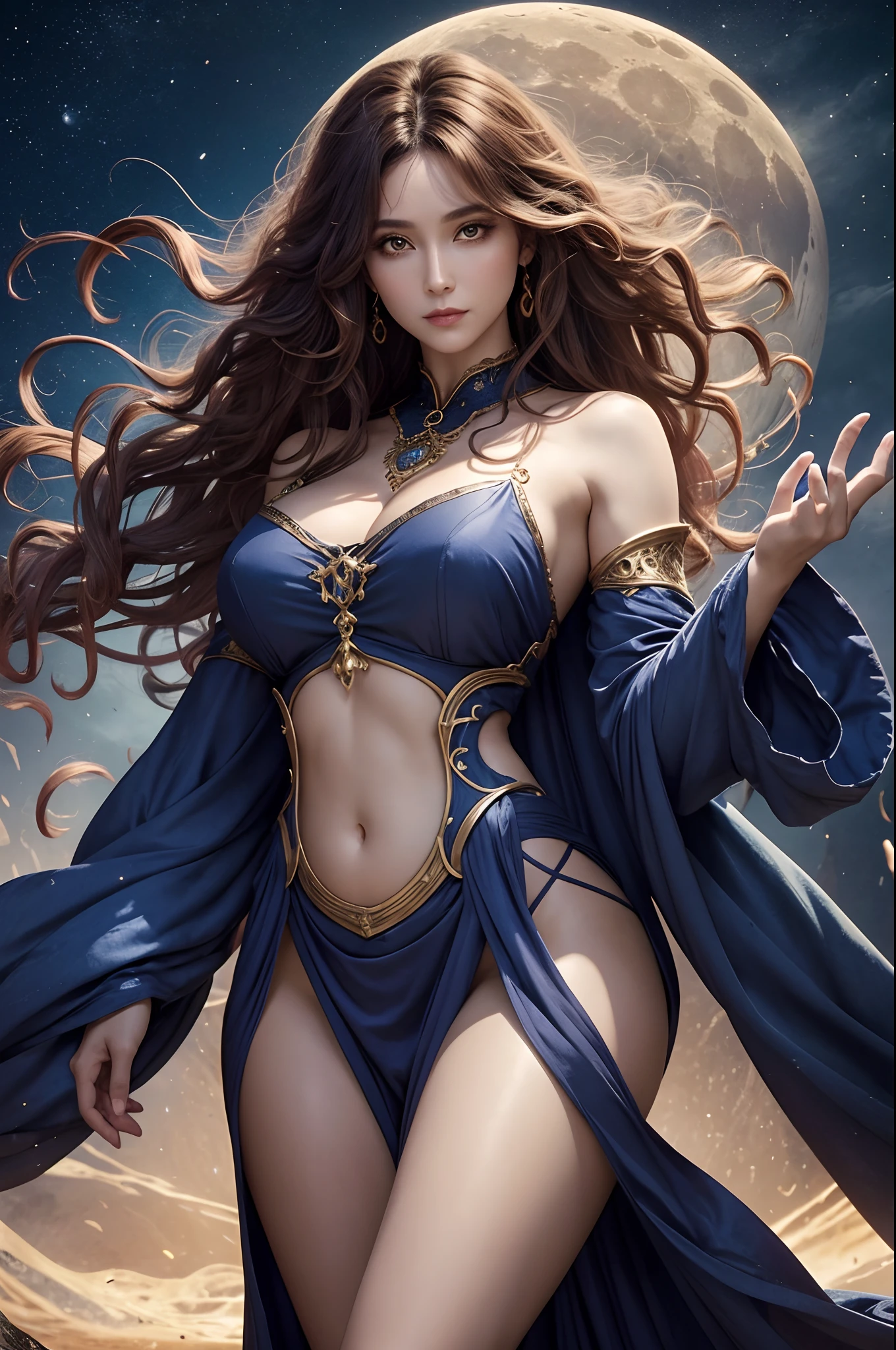 51 yo female Lunar God in a fantasy world, posing for viewer, messy curly hair, asymmetrically placed hair, tall woman, flowing garb, stunningly beautiful woman, arms outstretched in casting motion, arm sleeves, devious eyes, seductress