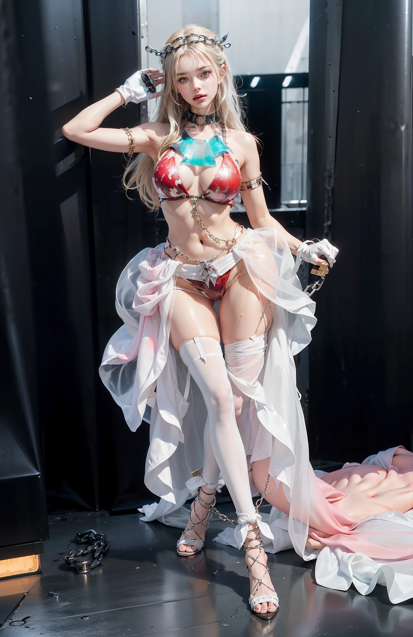 ,((Wearing a torn sheer costume of a superheroine)),(, No bra)), Wet crotch, Wet thighs, Beautiful girl with accentuated slender abs: 1.4, (((?????? tips protruding, ?????? is protruding, The shape of the pubic region is clearly visible)), sixpack abs: 1.4, Bust Botox, Photo, Sharpness, Unique 850 4, Koda850 k portrait camera, F1.6 shots, Ultra-realistic textures, Spectacular light textures, Cinestil 800 Fashion Mechanics, (futuristic sci-fi battle fashion: 1.1), (tied perfectly by chain), Restraint, Slaves, collars, ((wide prison with sunlight)), Dark fantasy, Realistic material details, extreme hight detail, Ultra-realistic materials ((Torn costume))), Wet, Cloudy, (Chained)), ((big emphasized by chains)), ((chains digging into ??????)), ( (Collar)), (, No bra), shredded costumes, broken golden shields and battle spears,, White combat gloves, Combat shoulder armor, Blood splattered on the face, Blood splattered, Realistic, (Bruises, Dirty, ripped clothing, skimpy clothing, Blood: 1.3),  Torn Cape, Torn pantyhose, Long legs, ((iron pipe in the crotch)), Metallic shackles and fetters, ((chains hung from heaven)), Wet crotch is clearly visible, Swarovski's sword and the ??????? beneath his feet, (futuristic sci-fi battle fashion, Torn mesh stockings)，high-heels，