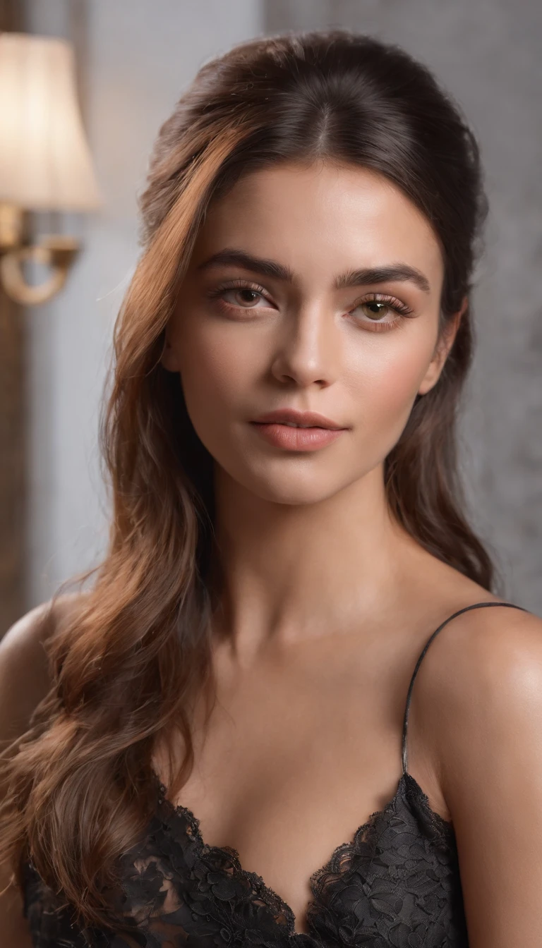 ((Pele bronzeada, Atraente 35 anos de idade)), ((Its beauty is undeniable)), ((cara bonito)), ((Olhos castanhos hiper detalhados,)), ((Pose fofa)), Wear a black t-shirt over brown pants, (( cabelos longos,)), (( pele)), ((sentado, Vista frontal)), Ela tira uma selfie, super realistic, Sharp-focused CGI, photoreallistic, High detail, Realista, ((Visible stains, Bonito, but not perfect)), ((olhar)), ((Defeitos faciais aparentes)), ((pintas)), melhor qualidade, HDR, alta qualidade, high-definition, extremamente detalhado, Papel de parede 8K, detalhes intrincados, 8k UHD, Full-HD, (foto realista:1.2), contraste, intense illumination, Kinematic lighting, natural lighting, luz dura, Uplighting, global ilumination, occlusion of the environment, Medium breast 2.0