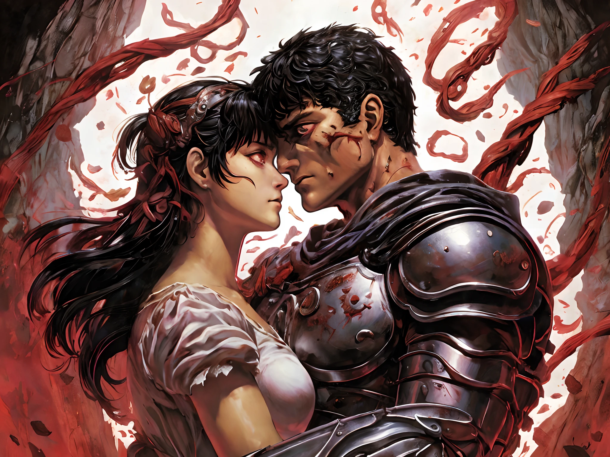 um close up de um homem e uma mulher de armadura com sangue no rosto, Estilo de arte Berserk, Furious manga, sangue de Furioso, Estilo Berserk, Retrato de Guts de Berserk, de Furioso, Furioso, Tripas de Berserk, em Berserk Manga, Tripas de Berserk, Tripas Berserk, tripas, Mark Brooks detalhou