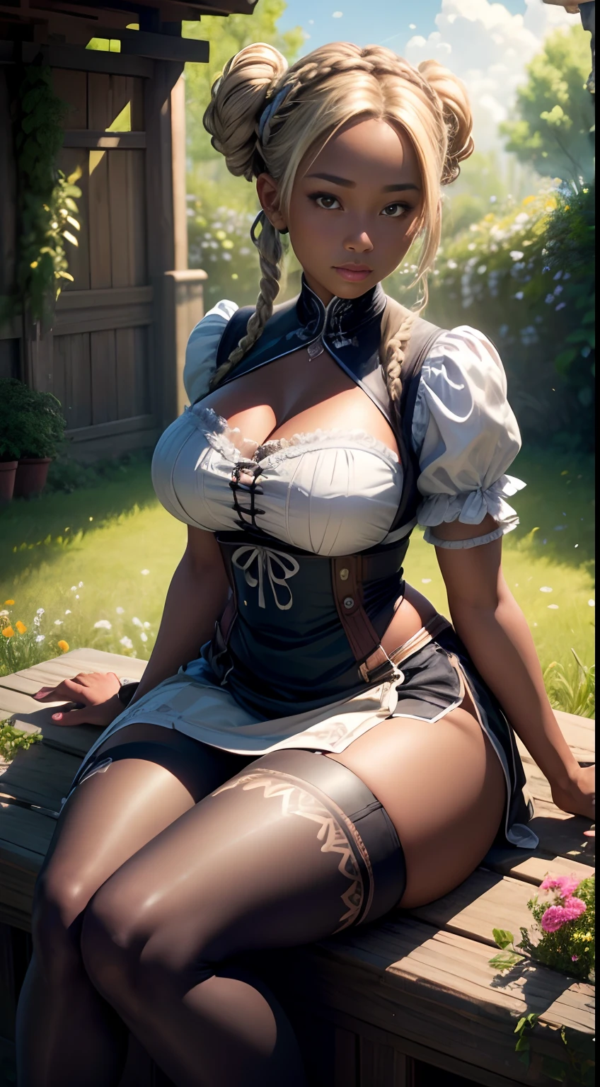 1girl, solo, masterpiece, high quality, high detail, volumetric lighting, subsurface tering 8k, sitting down, beautiful 25 year old woman, pacific islander, (dark skin:1.4), blonde hair, braided updo, large brearndl, (white stockings), fields of flowers, sunshine, clouds, sexy pose, uctive pose