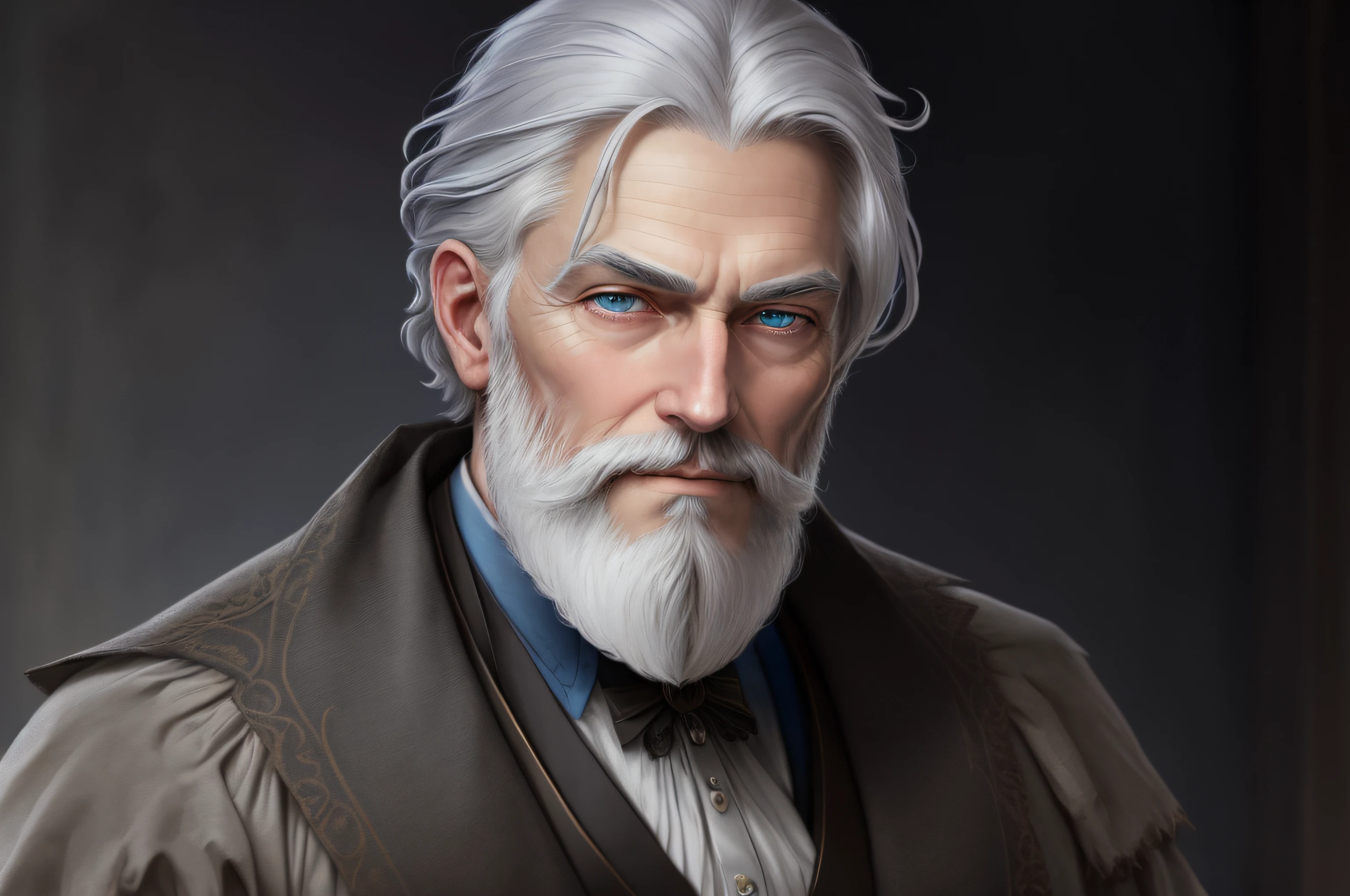 a noble gentleman with gray hair and beard and blue eyes with a gentle expression