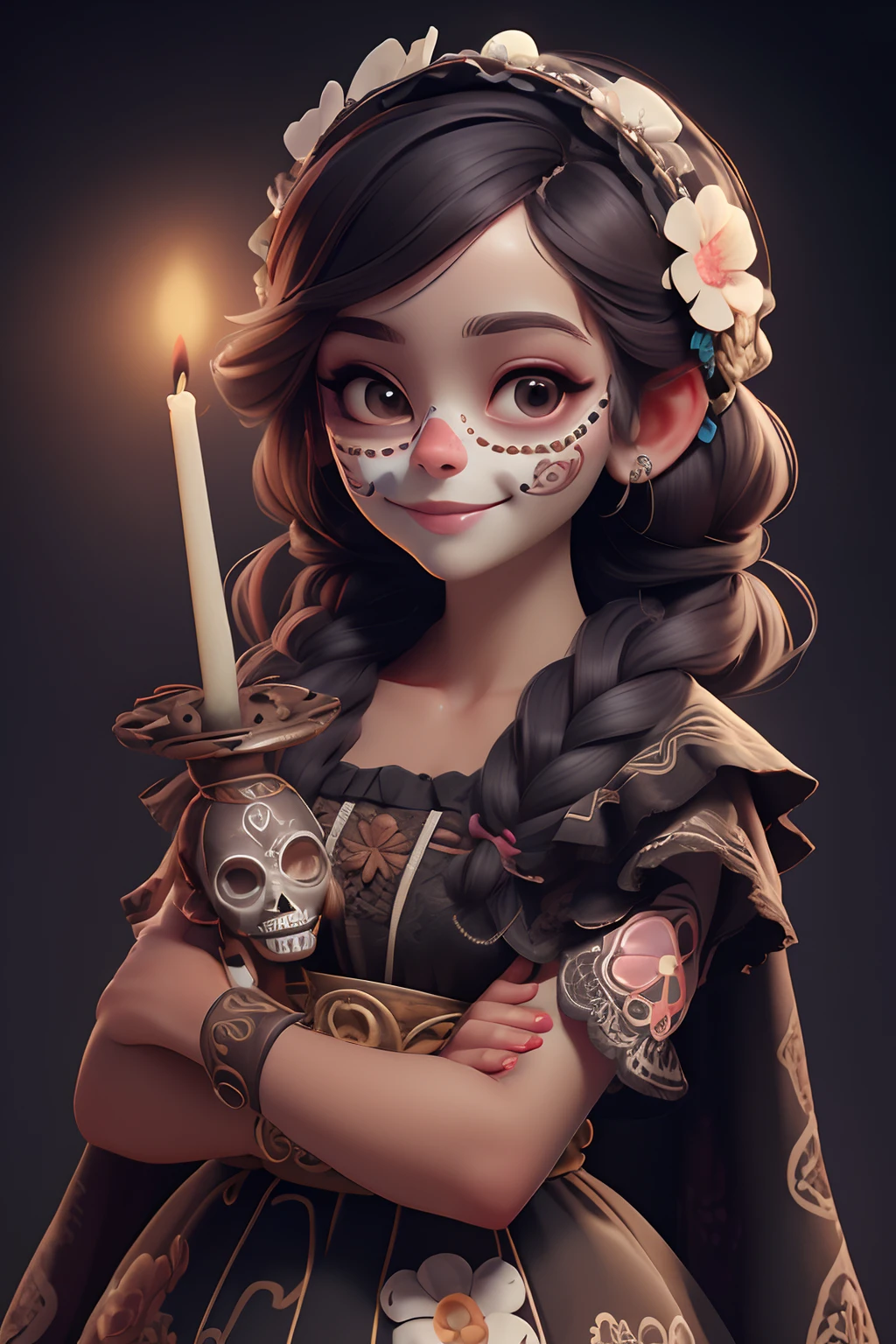masterpiece, best quality, a girl smiling with (sugar skull makeup), braids, Mexican (indigenous dress), flowers hair band, holding an altar (candle)