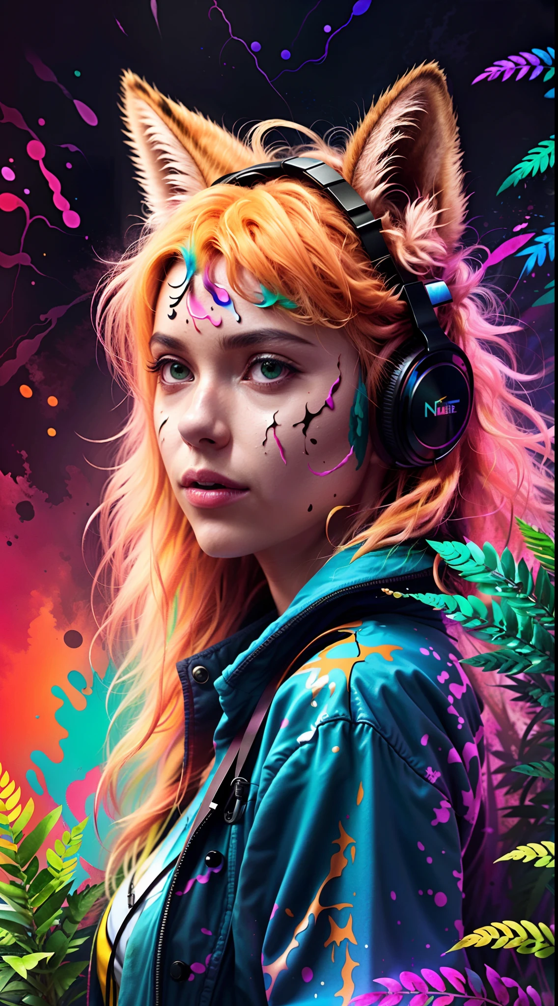 (masterpiece:1.1), (highest quality:1.1), (HDR:1.0), extreme quality, cg, (negative space), detailed face+eyes, 1girl, fox ears, animal ear fluff, (plants:1.18), (fractal art), (bright colors), splashes of color background, colors mashing, paint splatter, complimentary colors, neon, (thunder tiger), compassionate, electric, limited palette, synthwave, fine art, tan skin, upper body, (green and orange:1.2), time stop, sy3, SMM