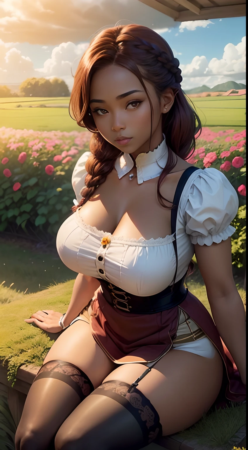 1girl, solo, sitting down, beautiful 25 year old woman, pacific islander, (dark skin:1.4), auburn hair, braided updo, large breasts, cream dirndl, (stockings), fields of flowers, sunshine, clouds, sexy pose, seductive pose, 134839