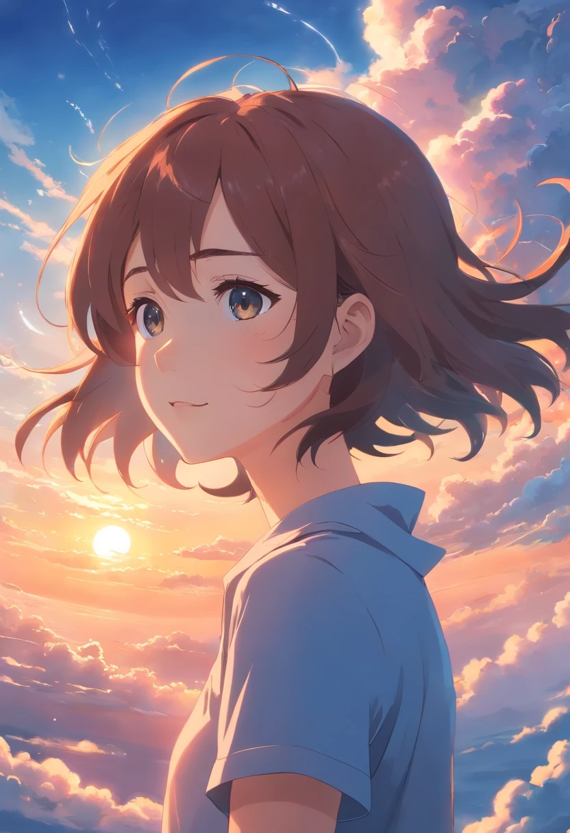 masterpiece, best quality, movie still, 1girl, cloud girl, floating in the sky, close-up, bright, happy, warm soft lighting, sunset, (sparks:0.7)