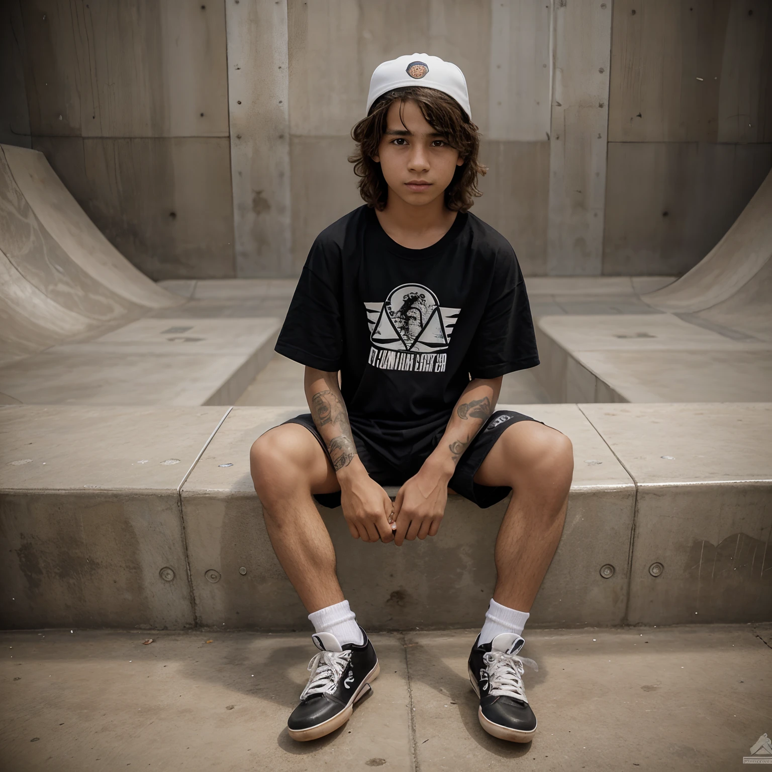 Menino de 12 anos com cabelo comprido, cabelo castanho, com skate, com capacete de skate, em uma skatepark