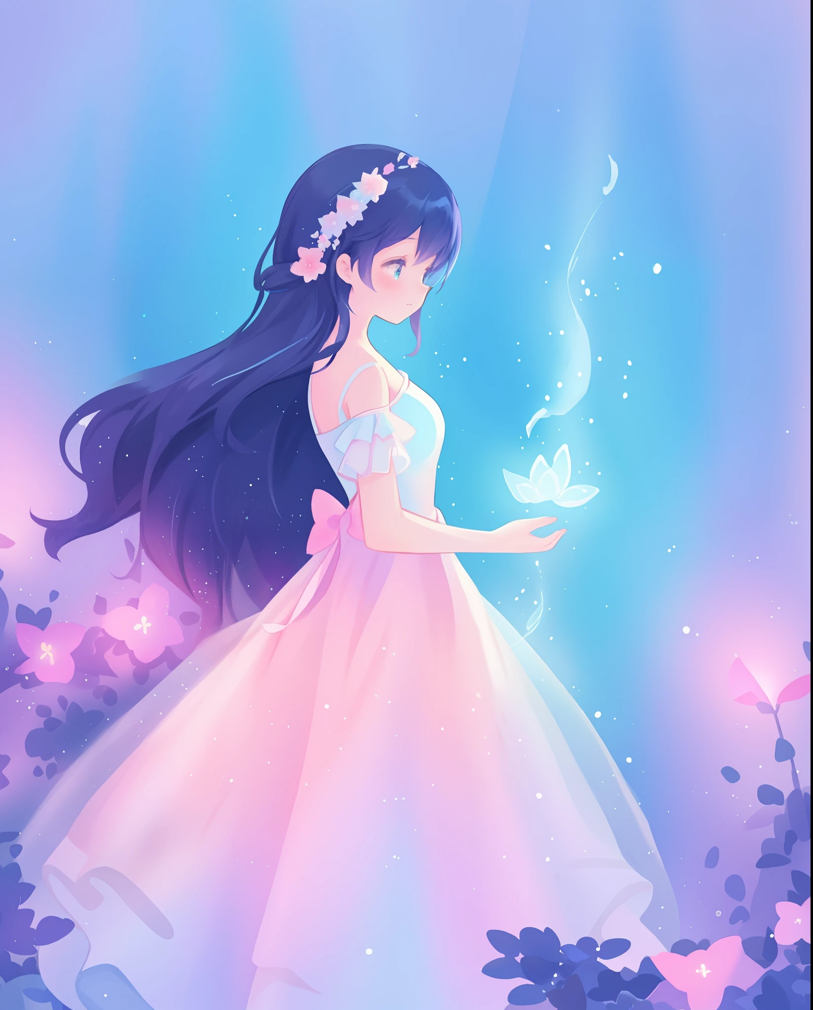 beautiful girl in puffy white ballgown, long dark hair, magical glowing blue lights coming from her hands, magical, whimsical, blue pink and purple colors, watercolor illustration, inspired by Glen Keane, inspired by Lois van Baarle, disney art style, by Lois van Baarle, glowing aura around her, by Glen Keane, jen bartel, glowing lights! digital painting, flowing glowing hair, glowing flowing hair, beautiful digital illustration, fantasia otherworldly landscape plants flowers, beautiful, masterpiece, best quality, anime disney style