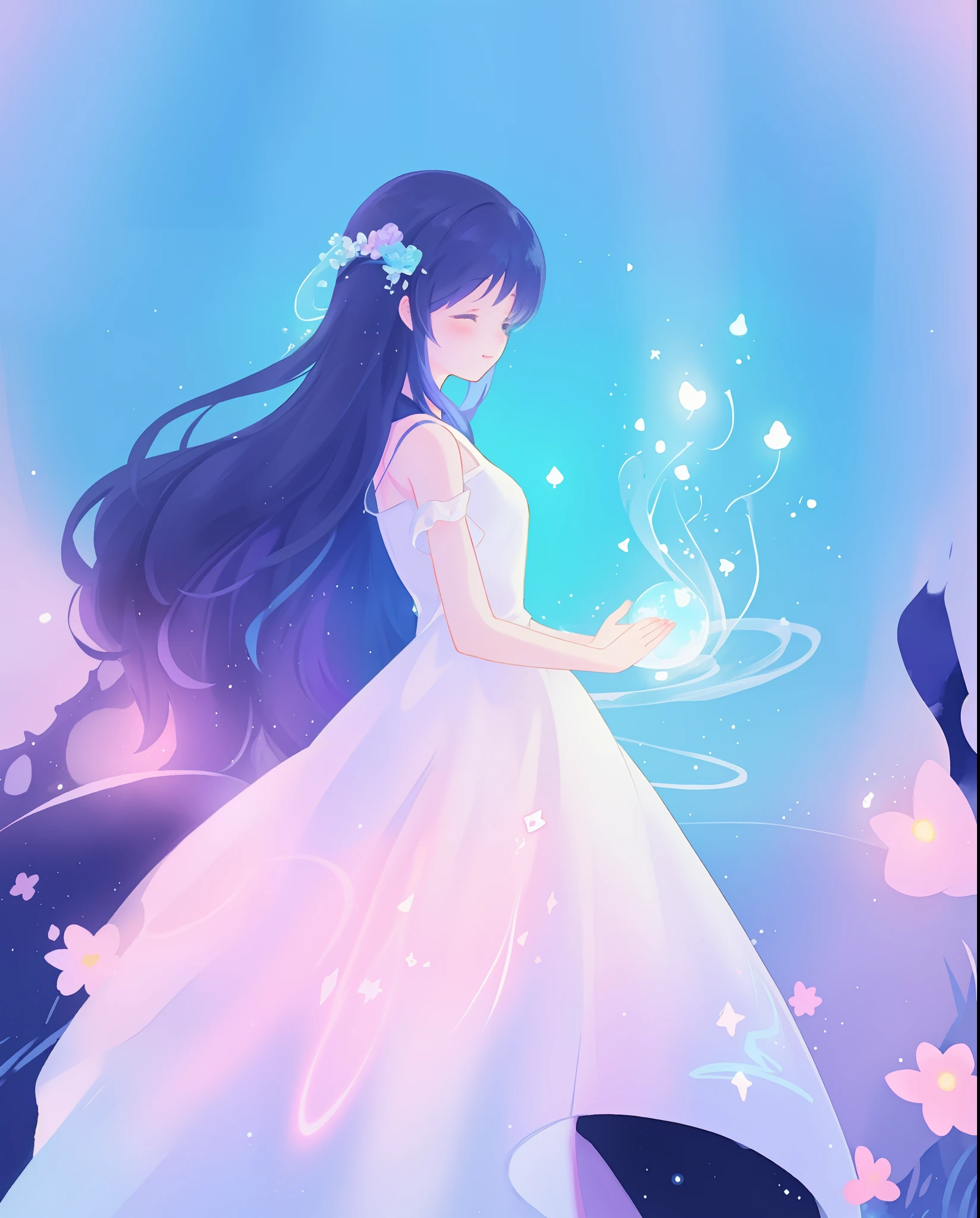 beautiful girl in puffy white ballgown, long dark hair, magical glowing blue lights coming from her hands, magical, whimsical, blue pink and purple colors, watercolor illustration, inspired by Glen Keane, inspired by Lois van Baarle, disney art style, by Lois van Baarle, glowing aura around her, by Glen Keane, jen bartel, glowing lights! digital painting, flowing glowing hair, glowing flowing hair, beautiful digital illustration, fantasia otherworldly landscape plants flowers, beautiful, masterpiece, best quality, anime disney style